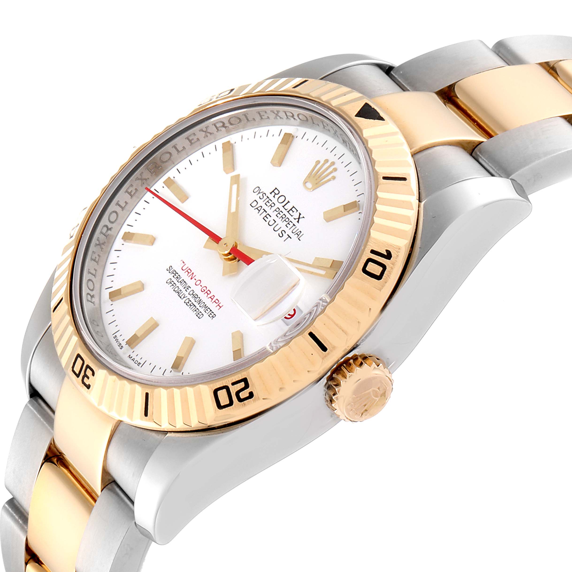 The image shows a Rolex Turn-o-Graph 116263 Men's Steel and Gold (two tone) White Dial 116263 Men's Steel and Gold (two tone) White Dial model watch taken at an angle highlighting the bezel, dial, crown, and part of the bracelet.