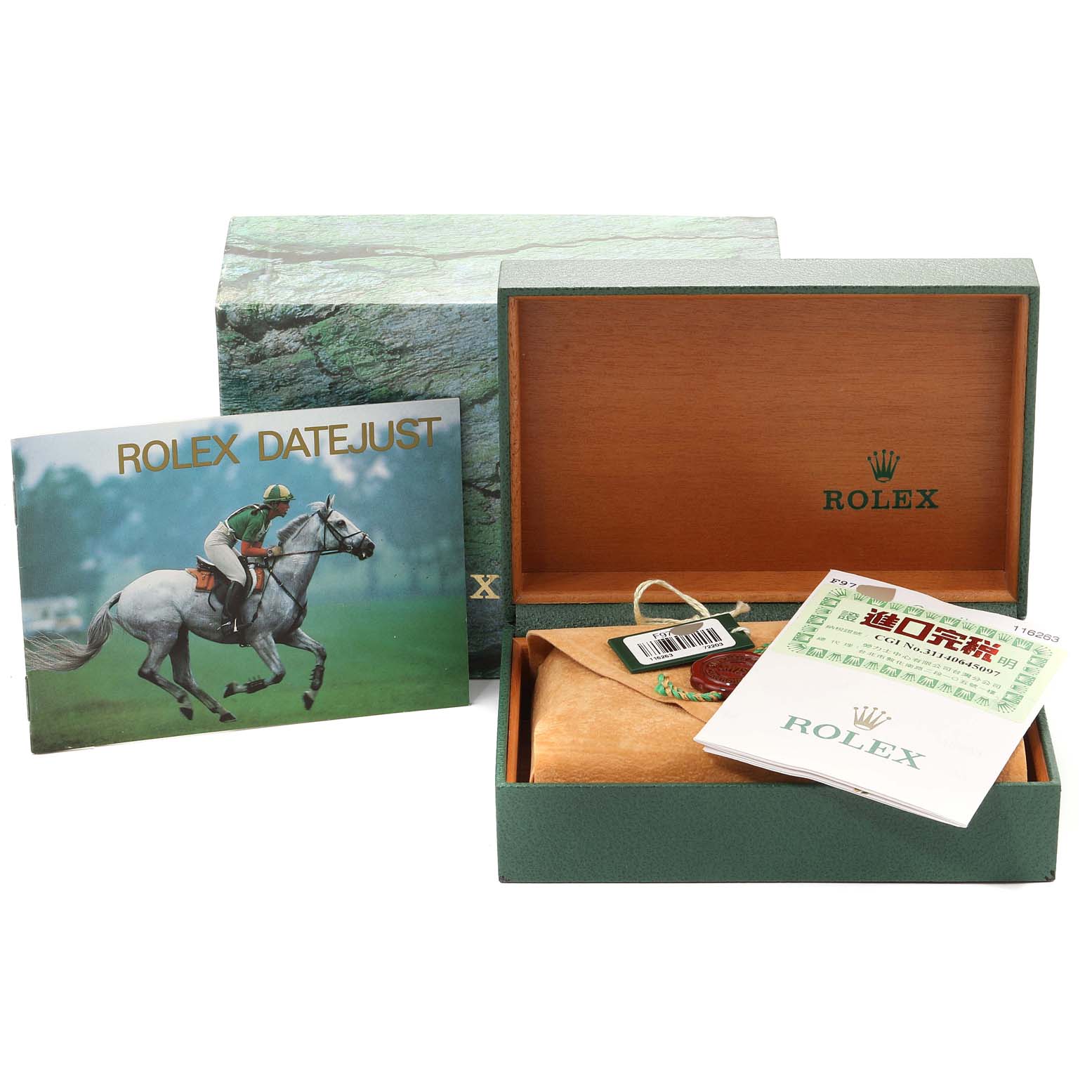 The image shows the packaging and accessories for a Rolex Turn-o-Graph 116263 Men's Steel and Gold (two tone) White Dial 116263 Men's Steel and Gold (two tone) White Dial watch, including the box, manual, tags, and booklet.