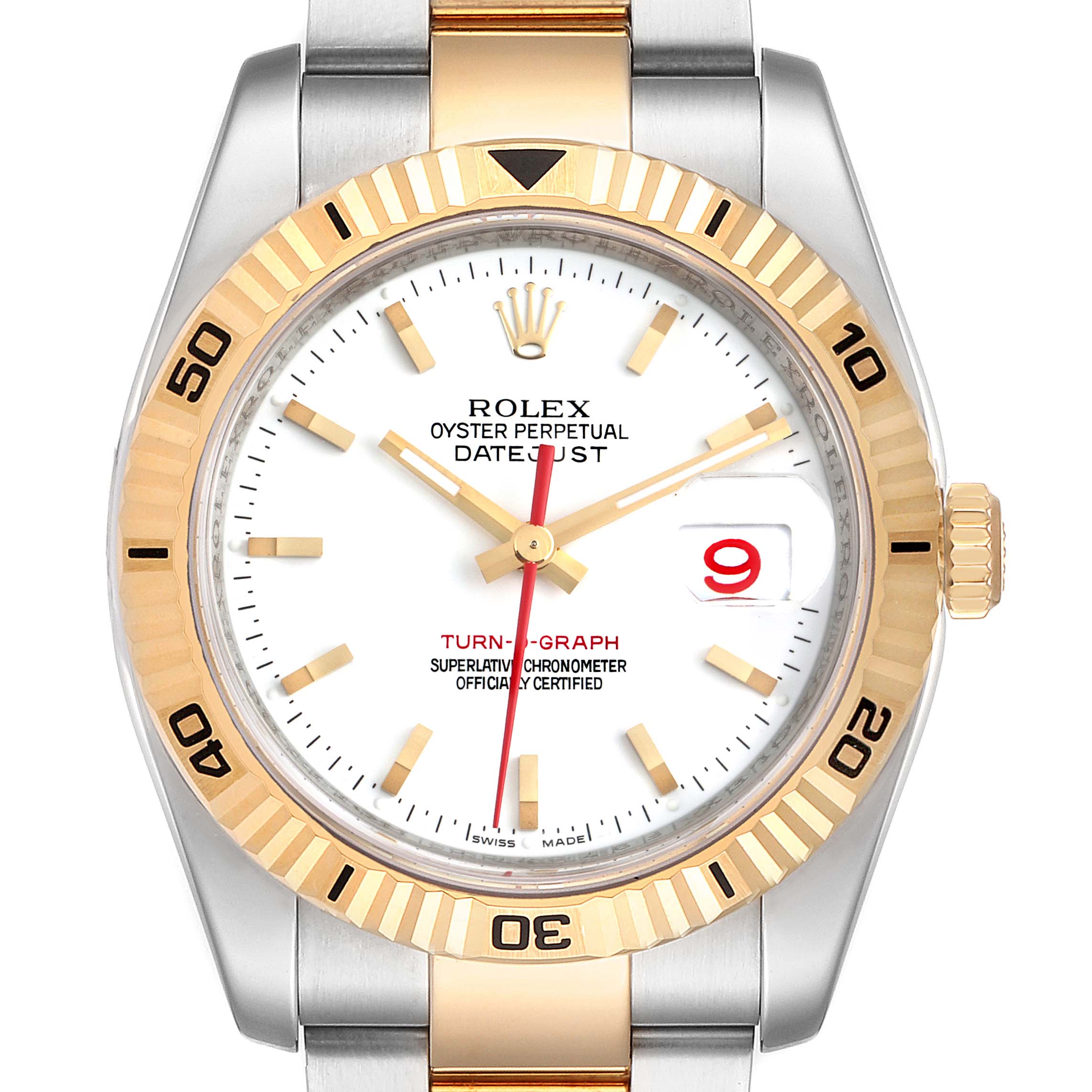 The image shows a frontal view of the Rolex Turn-o-Graph 116263 Men's Steel and Gold (two tone) White Dial 116263 Men's Steel and Gold (two tone) White Dial watch, highlighting its dial, bezel, hands, and the date window.