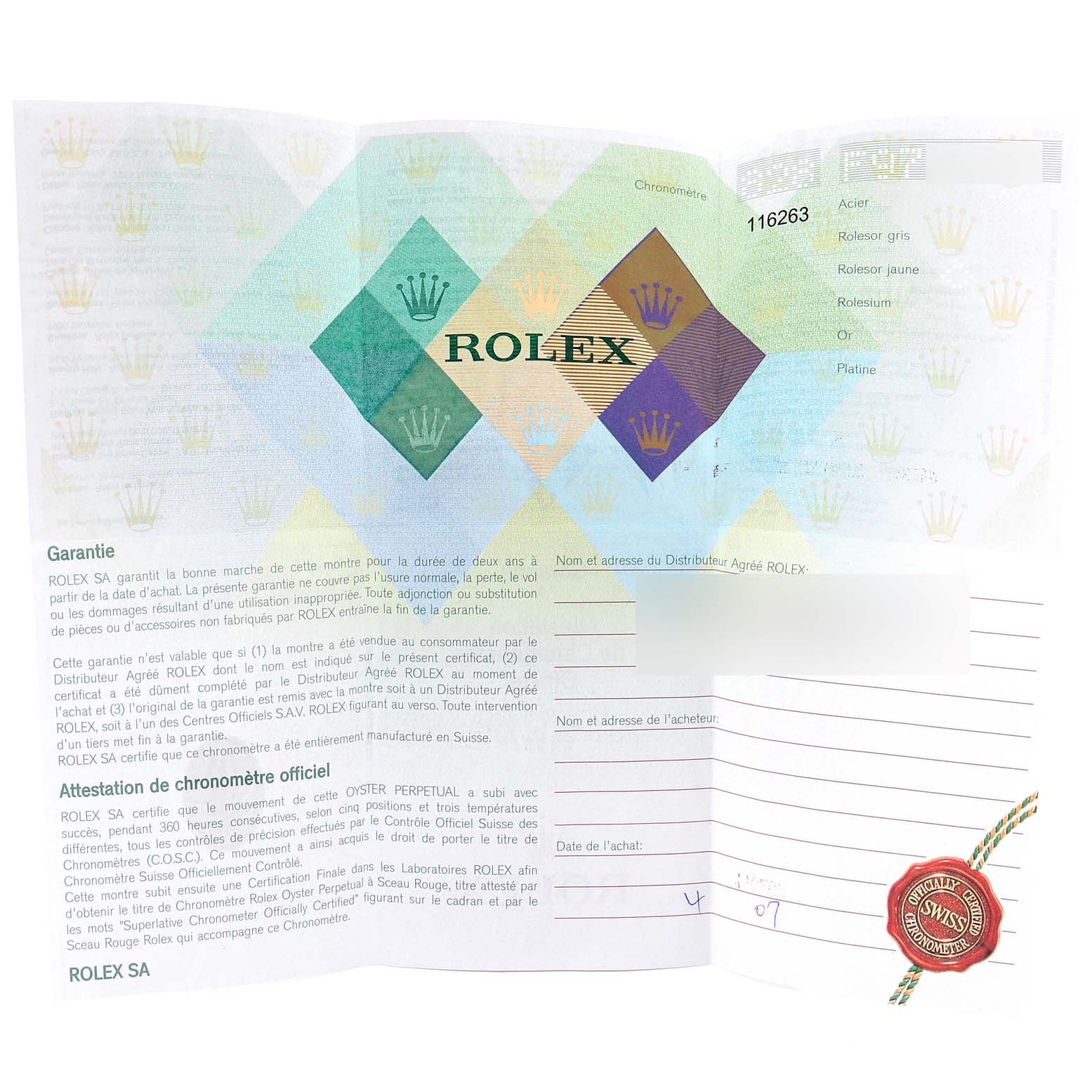 This image shows the warranty certificate for a Rolex Turn-o-Graph 116263 Men's Steel and Gold (two tone) White Dial 116263 Men's Steel and Gold (two tone) White Dial model, displaying verification details and a red seal.
