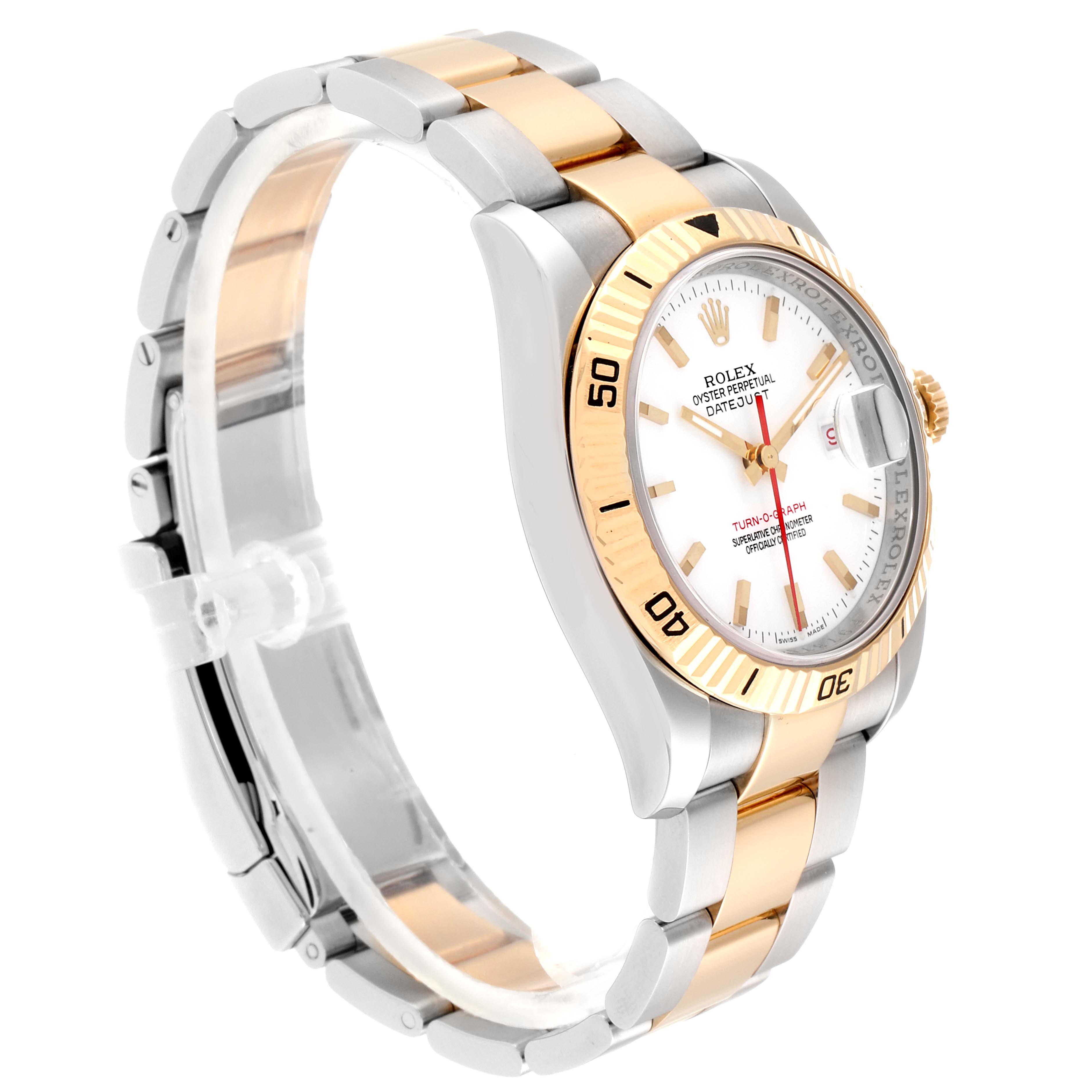 The image shows a side angle of the Rolex Turn-o-Graph 116263 Men's Steel and Gold (two tone) White Dial 116263 Men's Steel and Gold (two tone) White Dial watch, highlighting the band, face, and bezel.