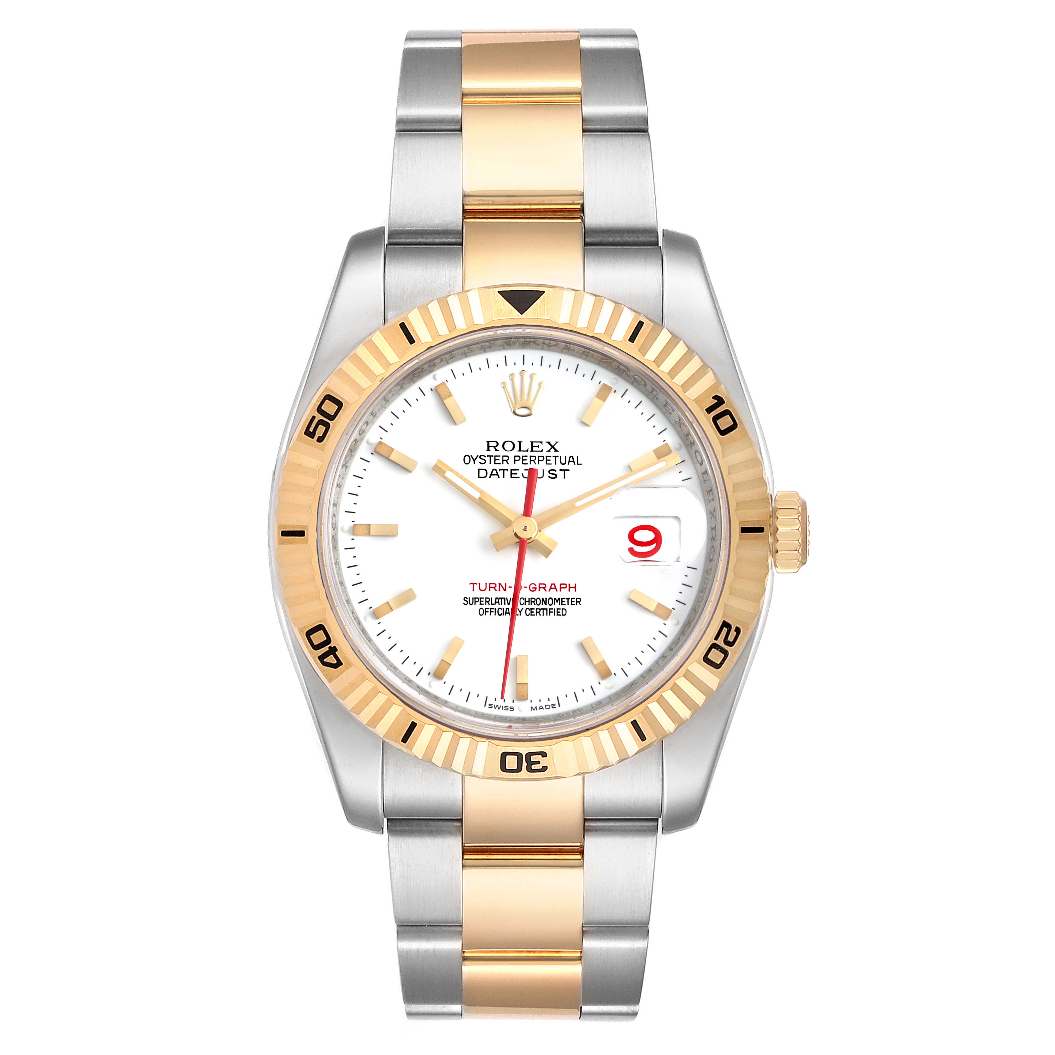 The image shows a front view of a Rolex Turn-o-Graph 116263 Men's Steel and Gold (two tone) White Dial 116263 Men's Steel and Gold (two tone) White Dial watch, displaying its dial, bezel, and two-tone bracelet.