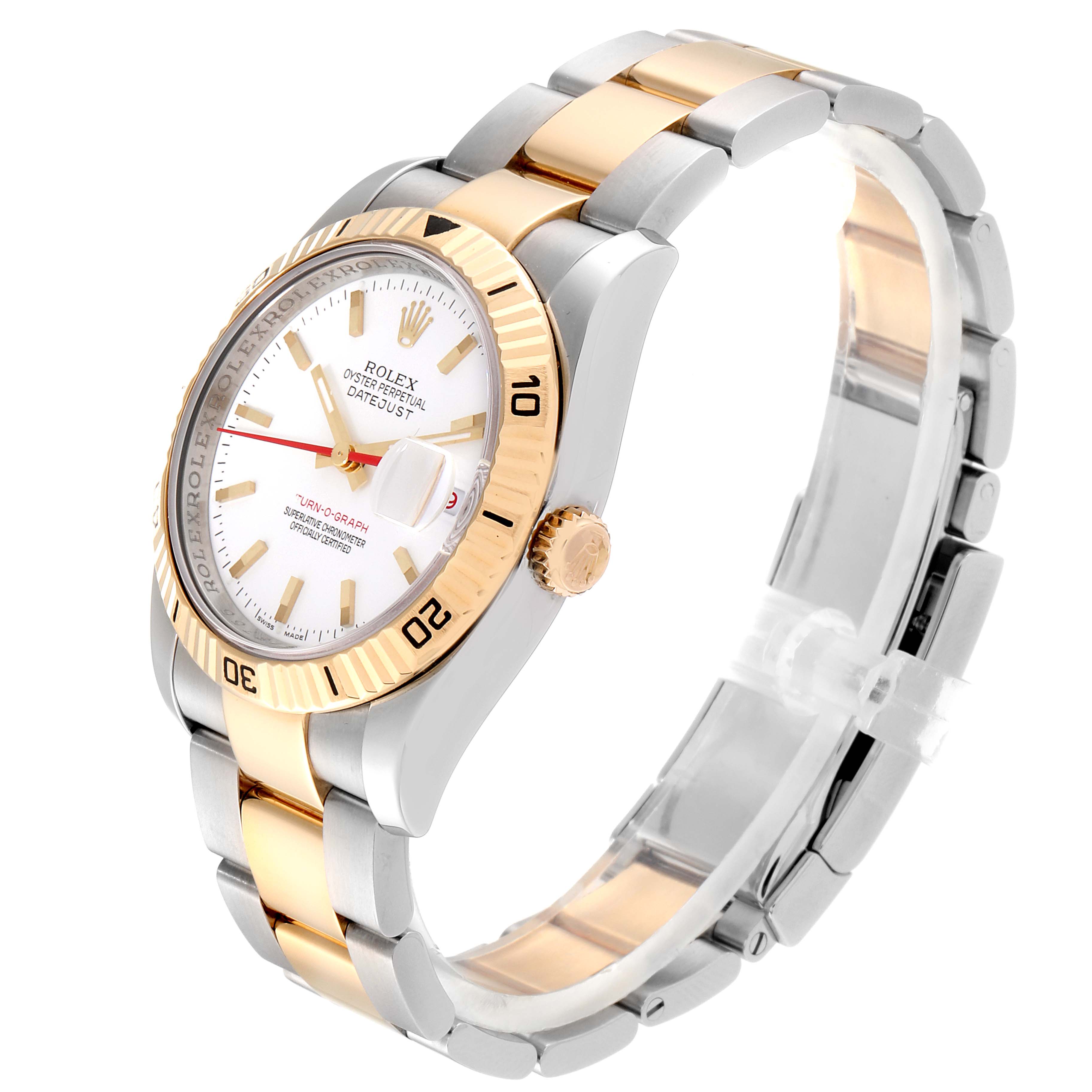 The Rolex Turn-o-Graph 116263 Men's Steel and Gold (two tone) White Dial 116263 Men's Steel and Gold (two tone) White Dial watch is shown at an angle highlighting its two-tone bracelet, dial, and bezel.