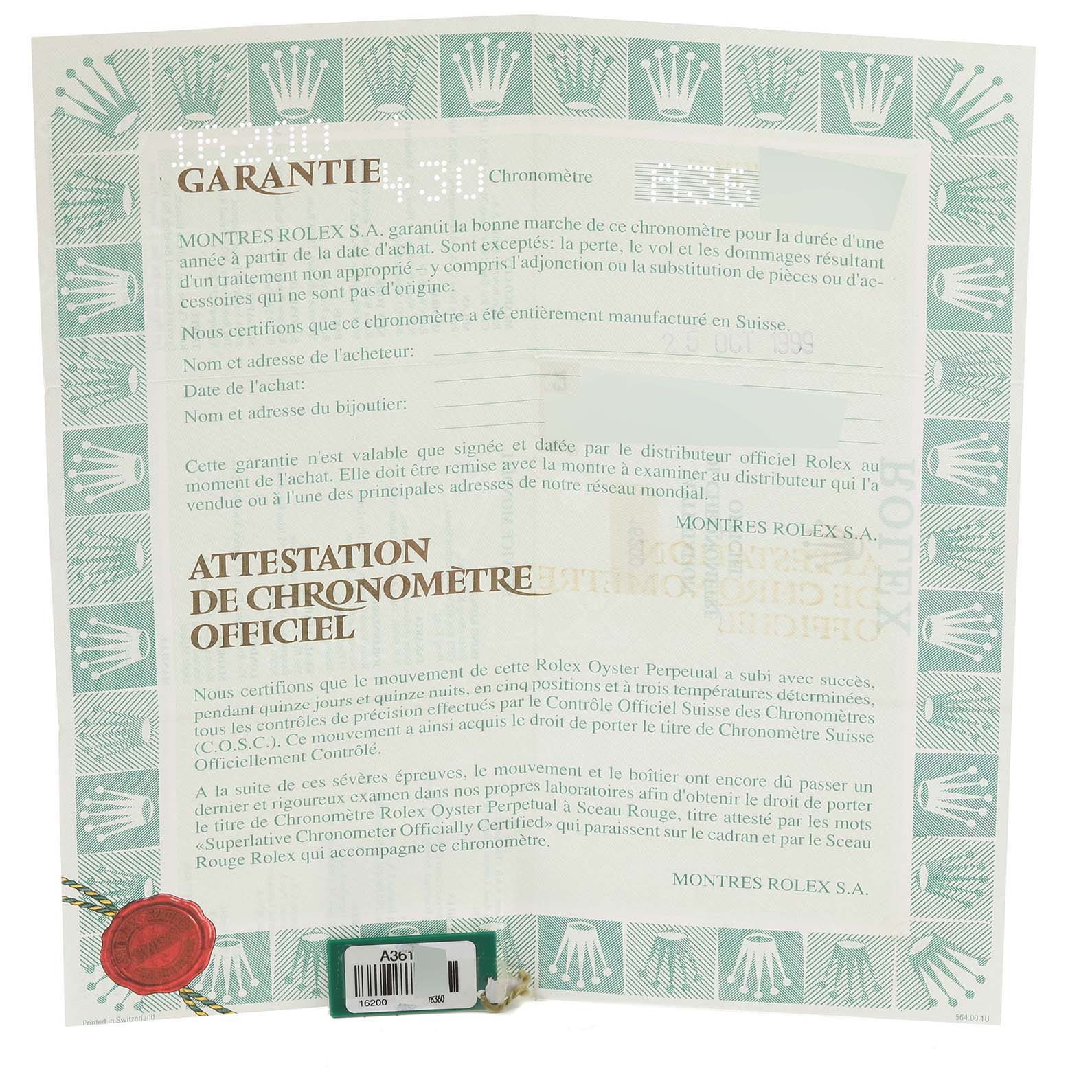 This is a Rolex Datejust 16200 Men's Stainless Steel White Dial 16200 Men's Stainless Steel White Dial model certificate showing a top-view angle with warranty and chronometer certification details.