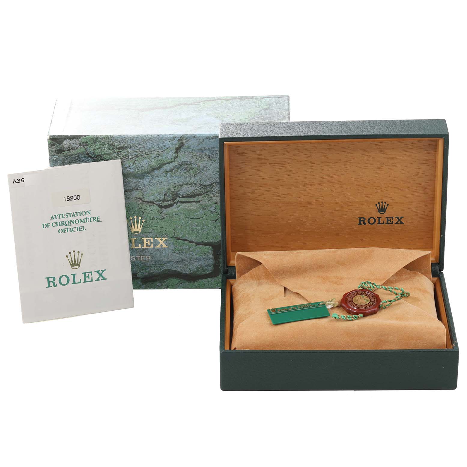 The image displays the packaging and accessories of a Rolex Datejust 16200 Men's Stainless Steel White Dial 16200 Men's Stainless Steel White Dial, including the box, warranty booklet, and hang tags.