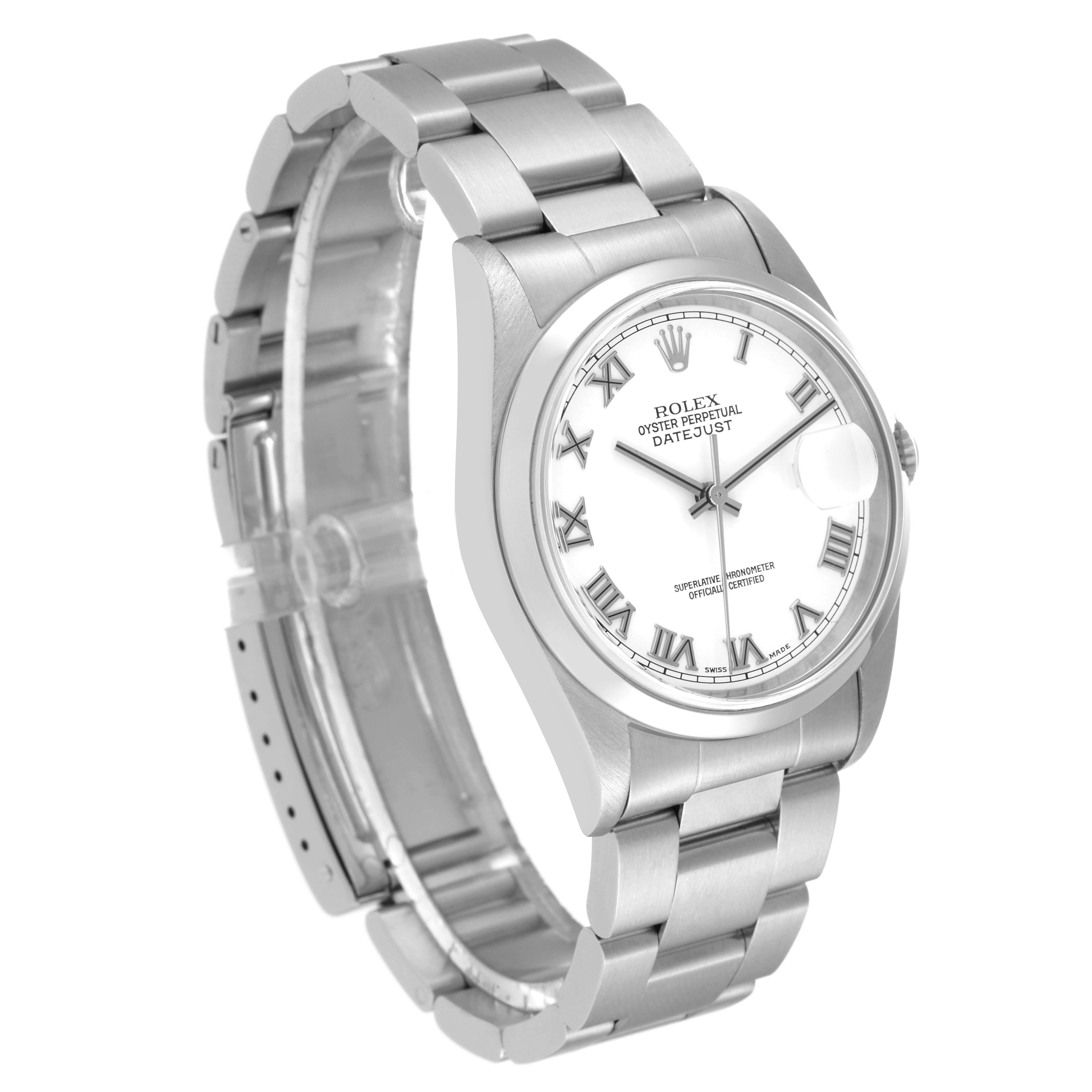 This image shows a silver Rolex Datejust 16200 Men's Stainless Steel White Dial 16200 Men's Stainless Steel White Dial watch angled to display the dial, bracelet, and side profile.