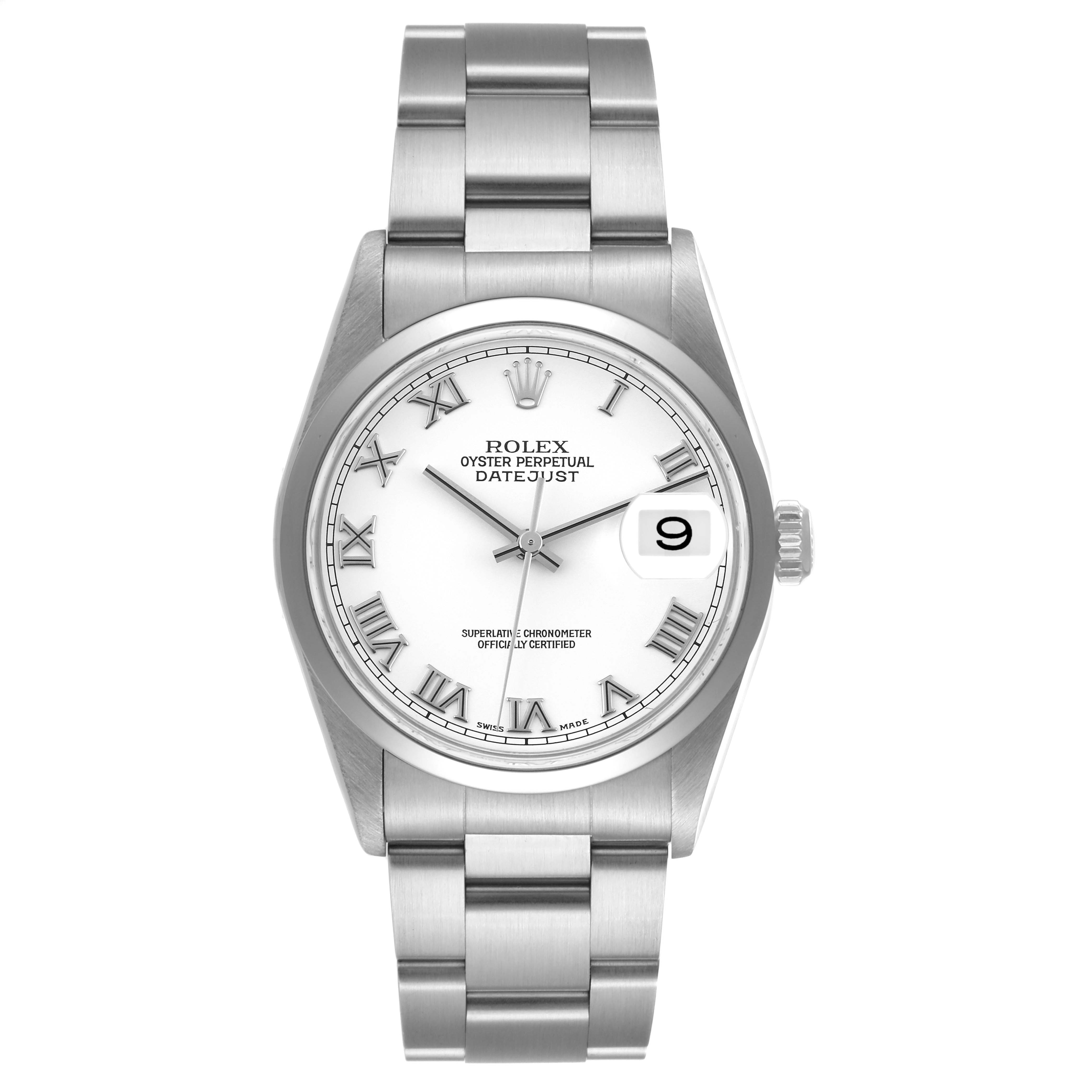 This is a front view of the Rolex Datejust 16200 Men's Stainless Steel White Dial 16200 Men's Stainless Steel White Dial watch, showing the dial, bracelet, and crown.