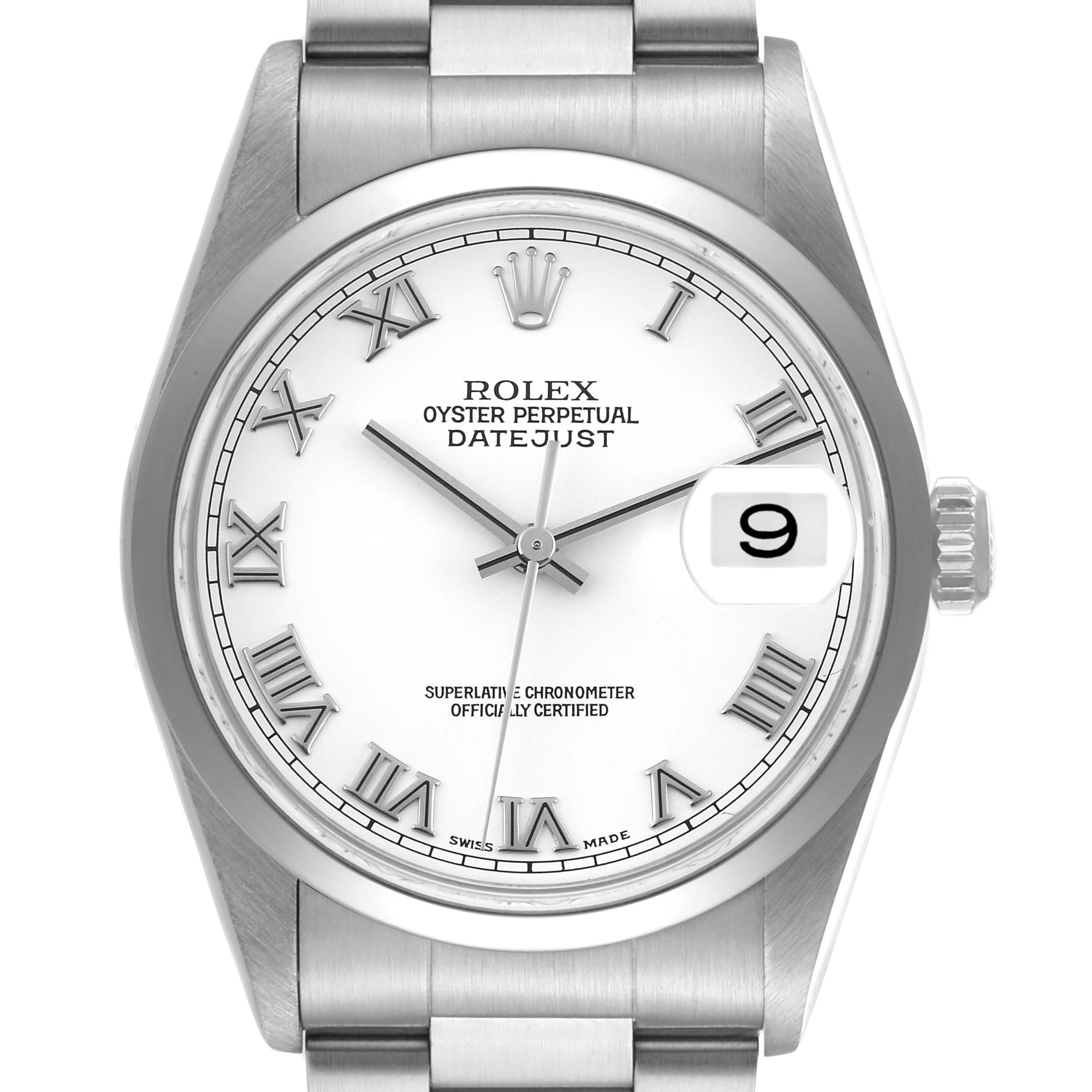 This image shows a front view of the Rolex Datejust 16200 Men's Stainless Steel White Dial 16200 Men's Stainless Steel White Dial model, highlighting the dial, bracelet, and crown.