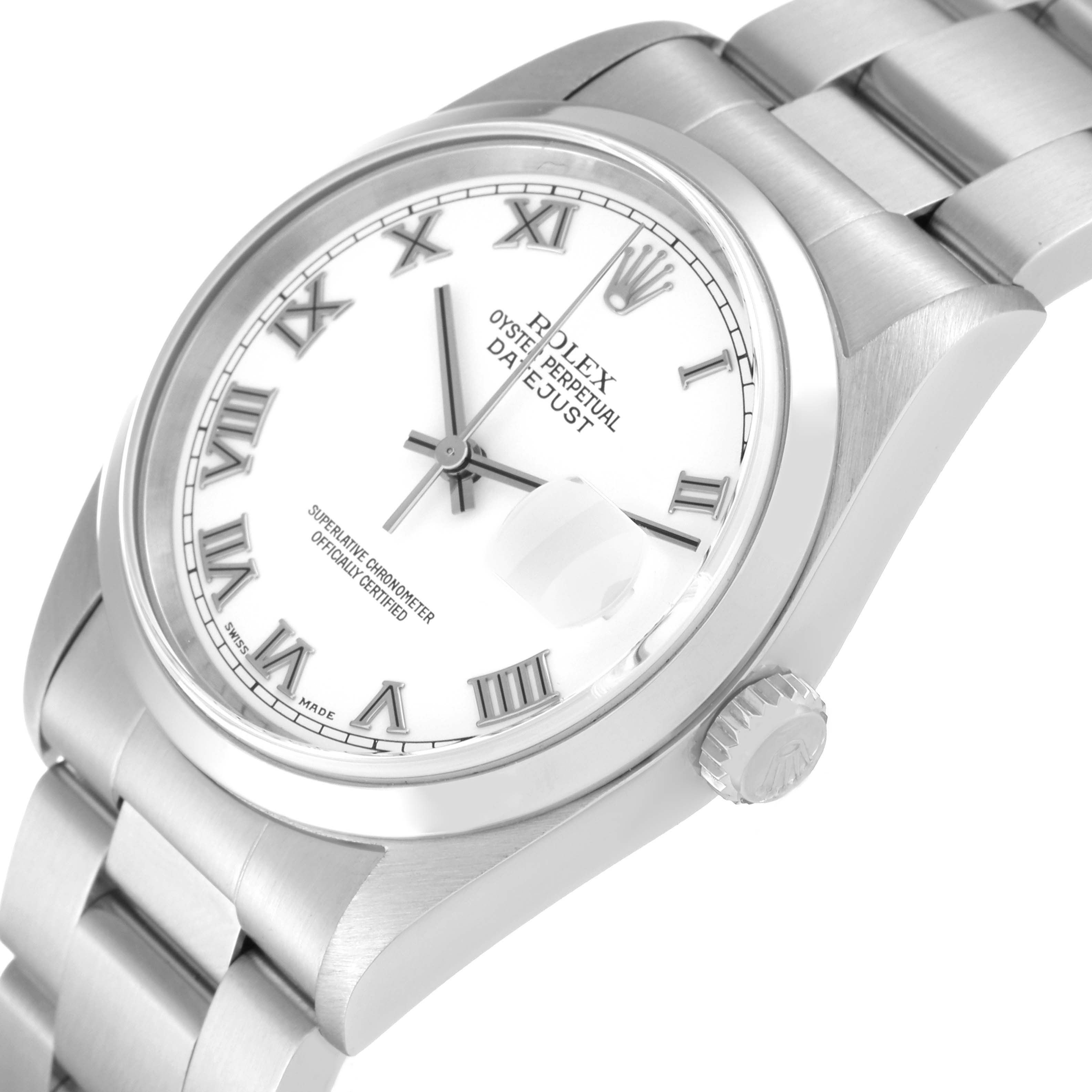 The Rolex Datejust 16200 Men's Stainless Steel White Dial 16200 Men's Stainless Steel White Dial watch is shown at an angle displaying the face, crown, and part of the bracelet.