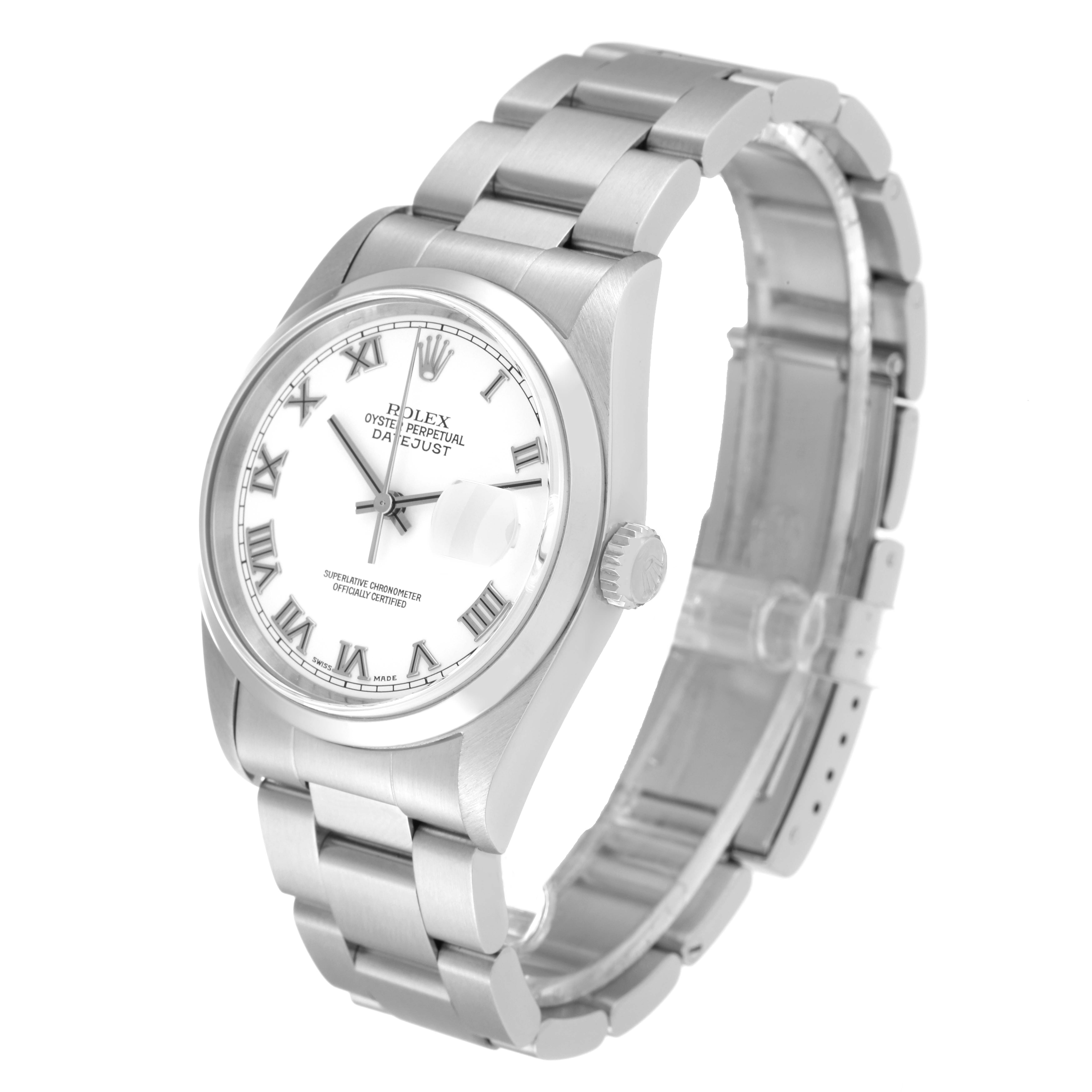 The Rolex Datejust 16200 Men's Stainless Steel White Dial 16200 Men's Stainless Steel White Dial watch is shown at a three-quarter angle, displaying its face, crown, and metal bracelet.