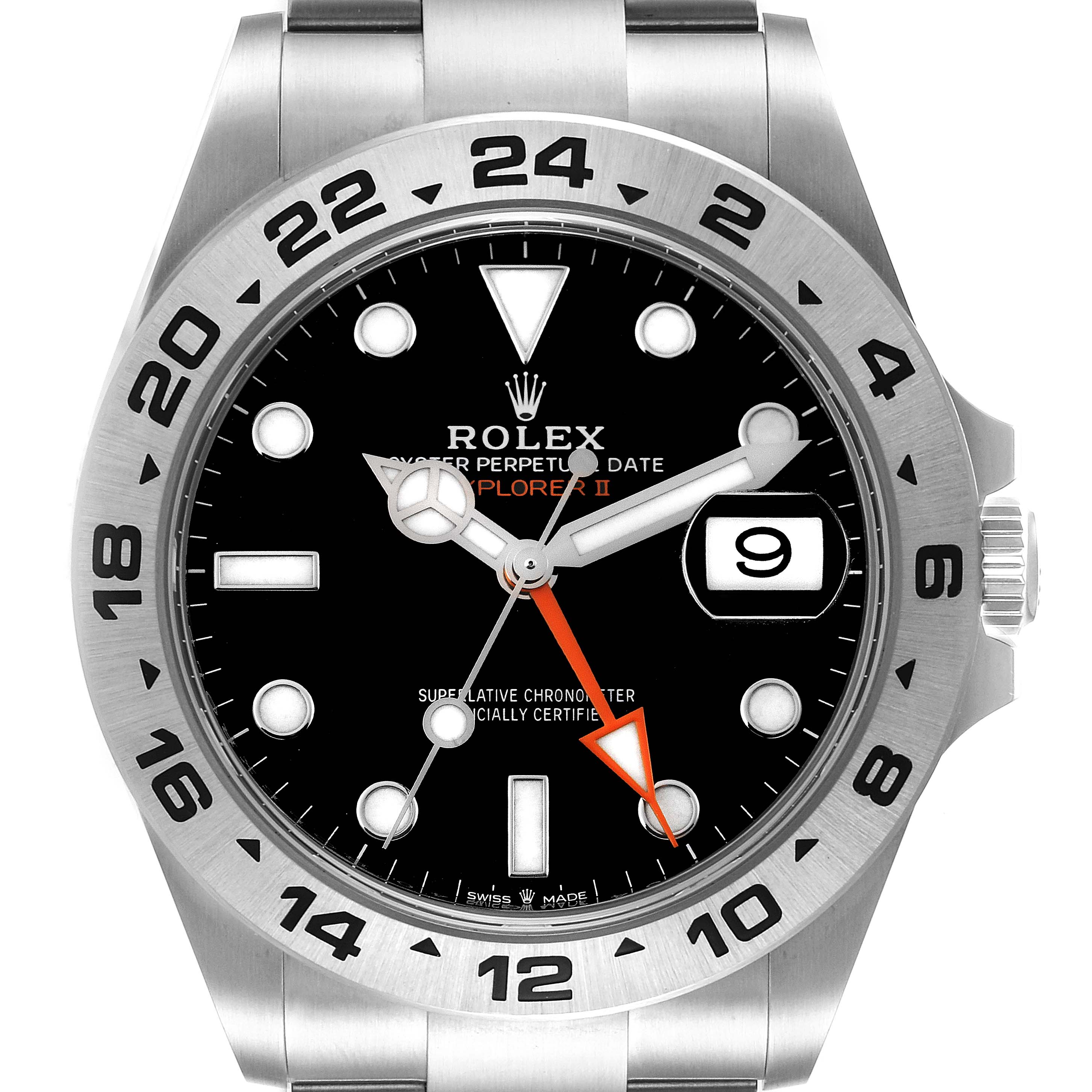 This image shows a close-up, front view of a Rolex Explorer 226570 Men's Stainless Steel Black Dial 226570 Men's Stainless Steel Black Dial watch, highlighting the dial, bezel, and bracelet.