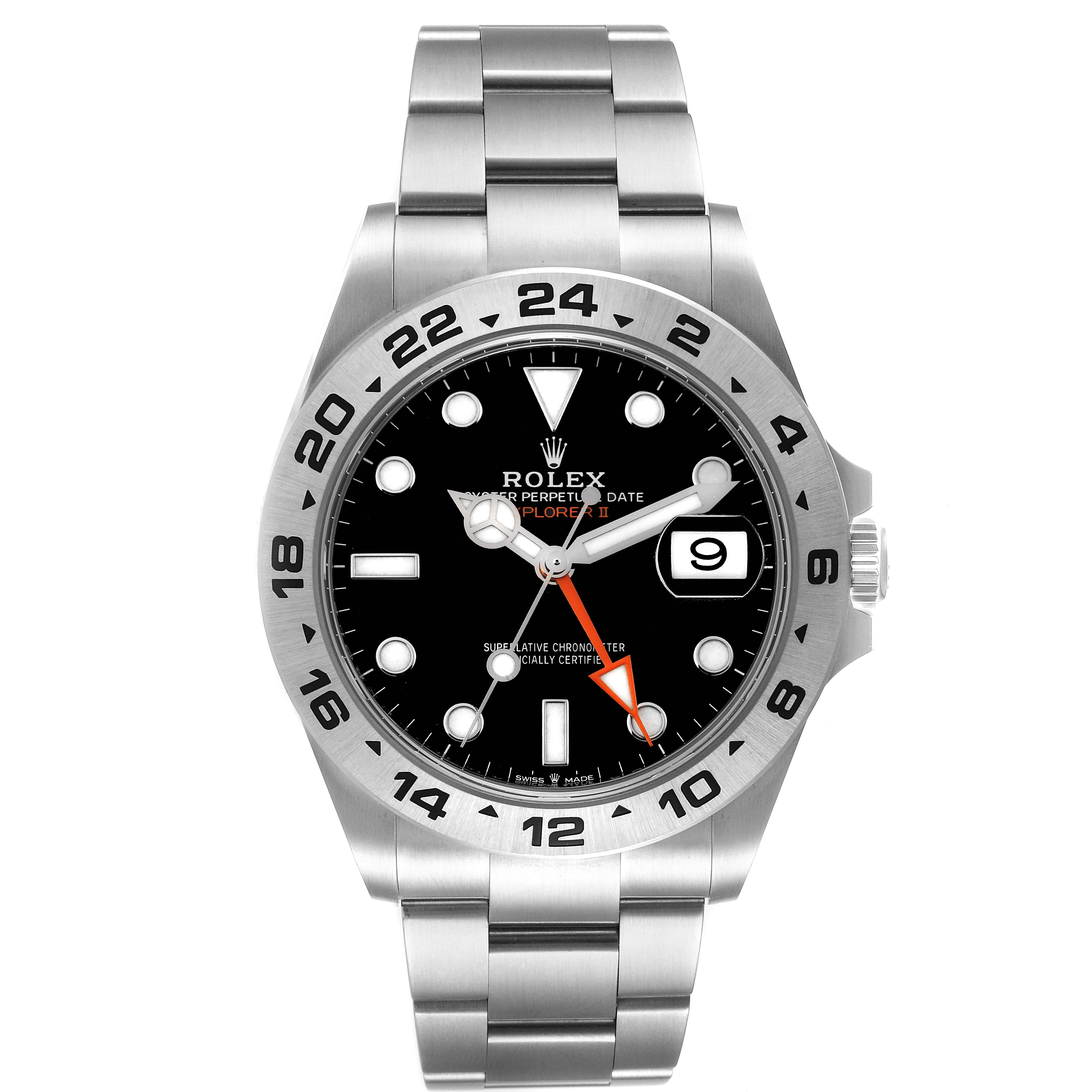 The image shows a front view of the Rolex Explorer 226570 Men's Stainless Steel Black Dial 226570 Men's Stainless Steel Black Dial watch, highlighting the dial, bezel, hands, date window, and bracelet.