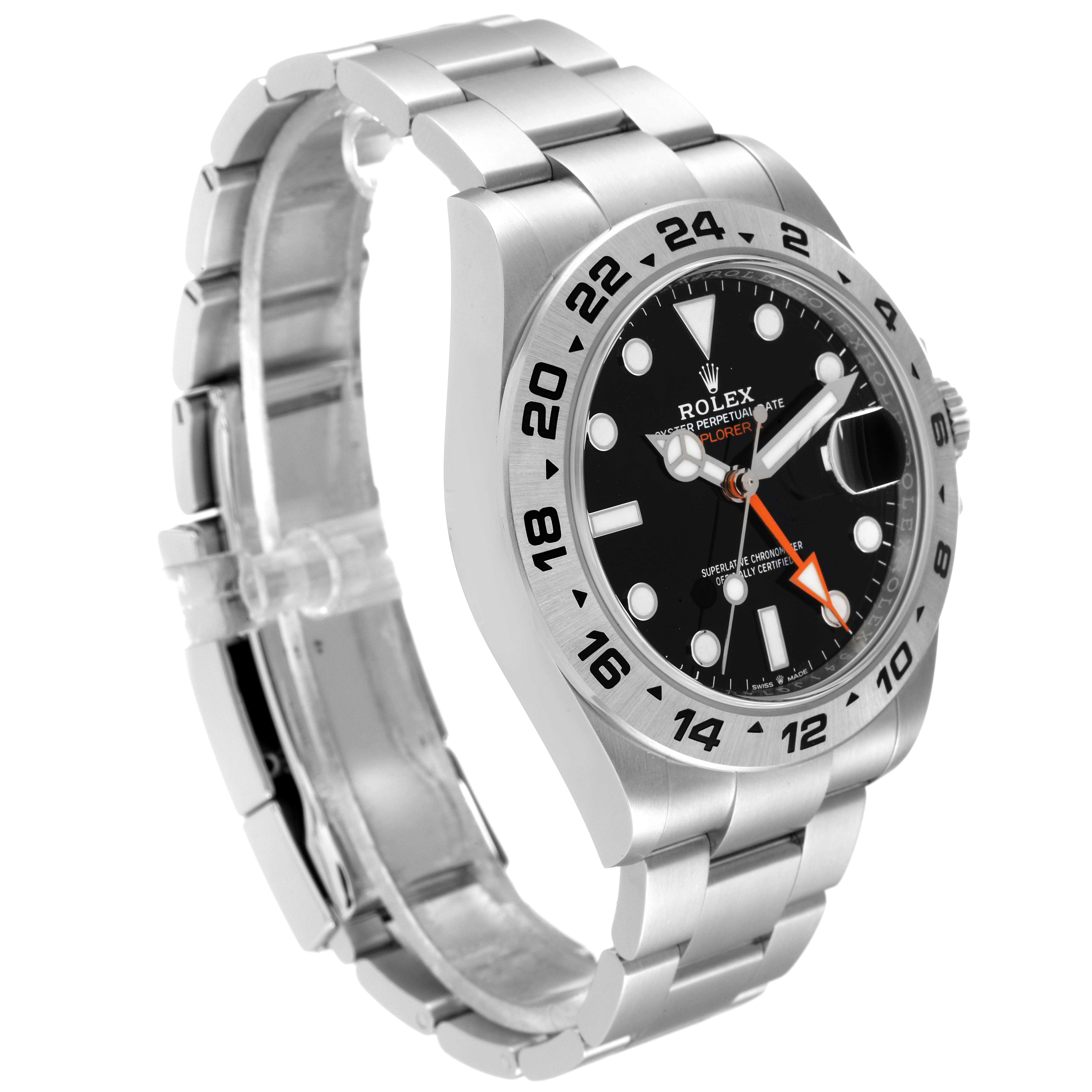 This image shows a side angle of the Rolex Explorer 226570 Men's Stainless Steel Black Dial 226570 Men's Stainless Steel Black Dial watch, highlighting the bracelet, clasp, bezel, and dial.