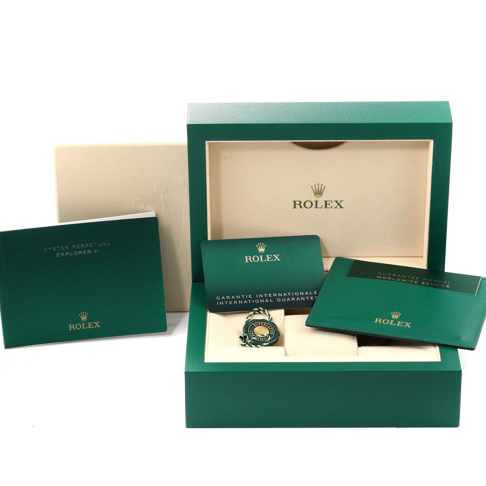The image shows the packaging, manuals, and warranty card of a Rolex Explorer 226570 Men's Stainless Steel Black Dial 226570 Men's Stainless Steel Black Dial model watch.