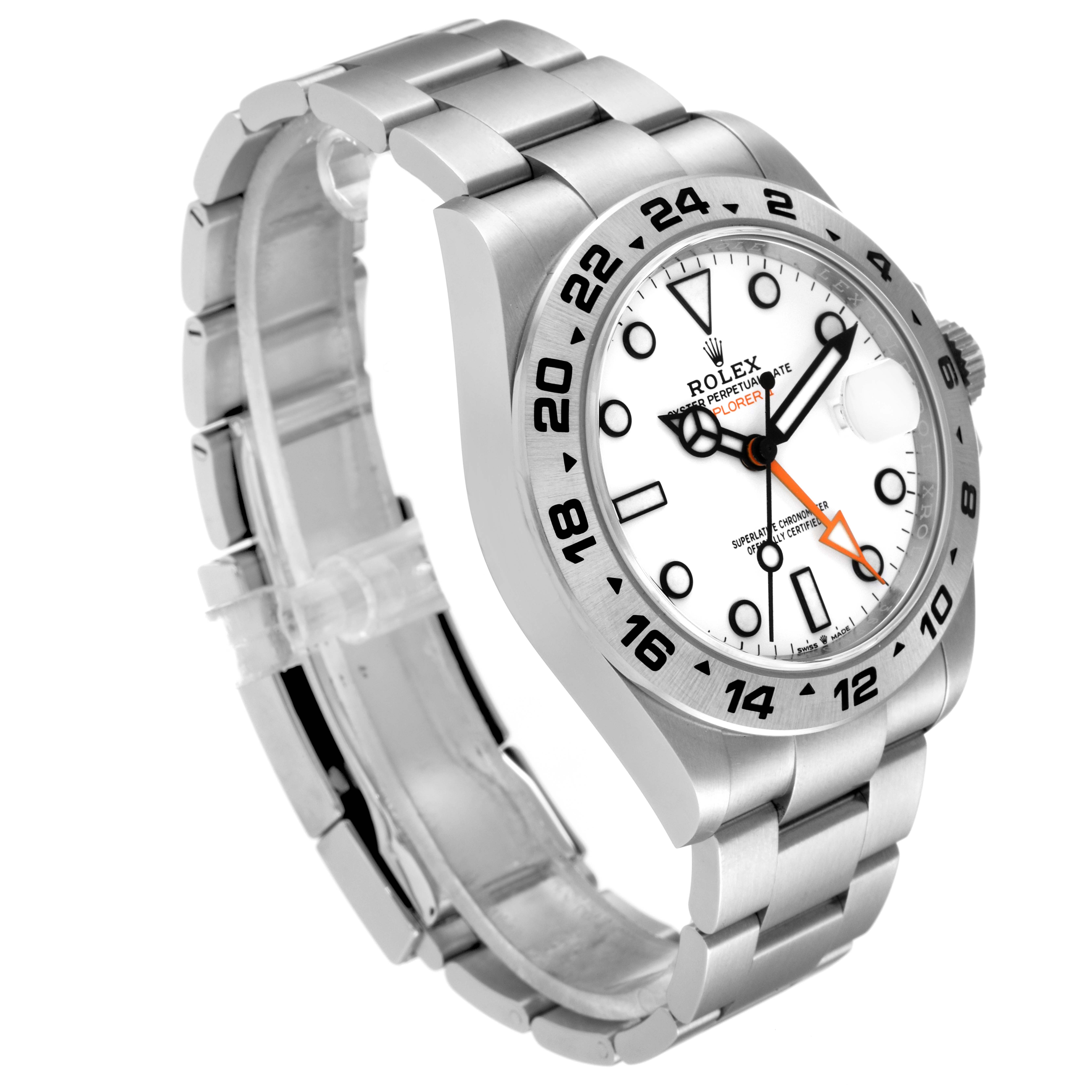 The image shows a side angle of a Rolex Explorer 226570 Men
s Stainless Steel White Dial 226570 Men
s Stainless Steel White Dial watch, highlighting its face, case, and bracelet.