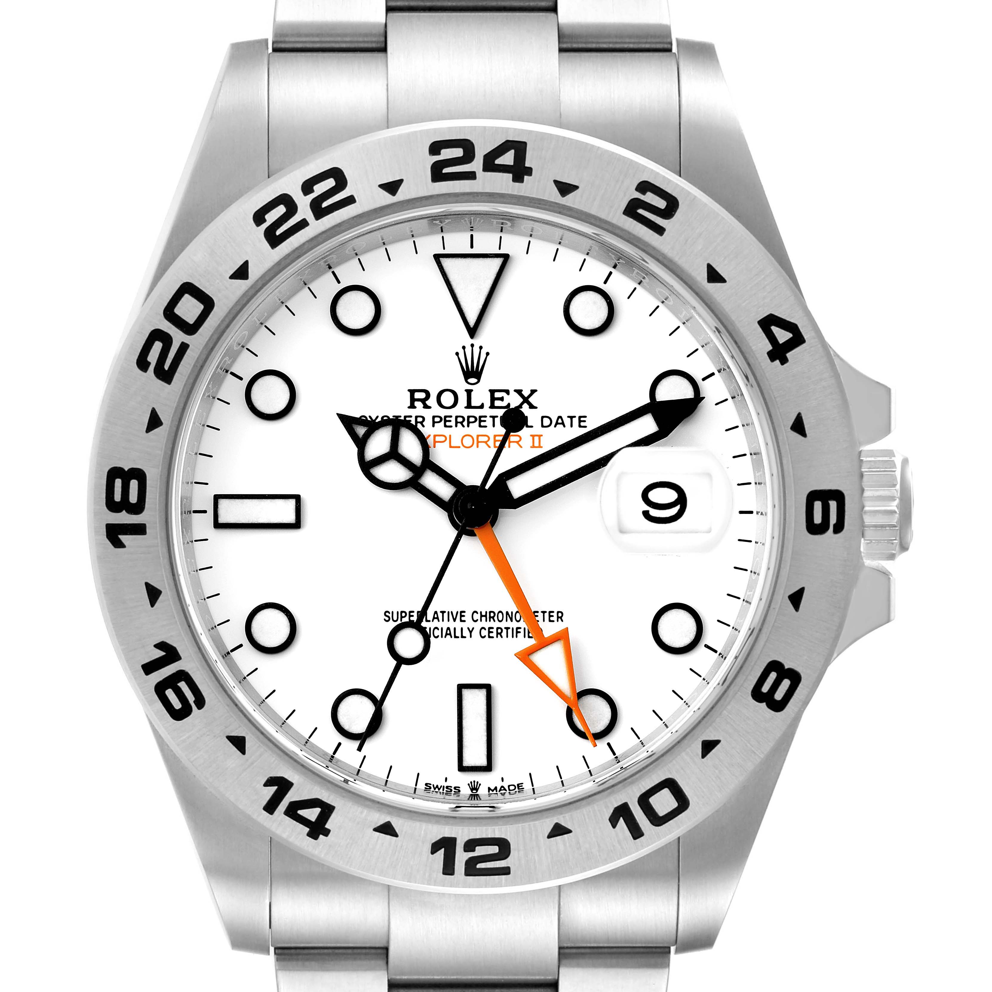 The Rolex Explorer 226570 Men
s Stainless Steel White Dial 226570 Men
s Stainless Steel White Dial watch is shown from a front angle, displaying its dial, hands, bezel, and part of its bracelet.