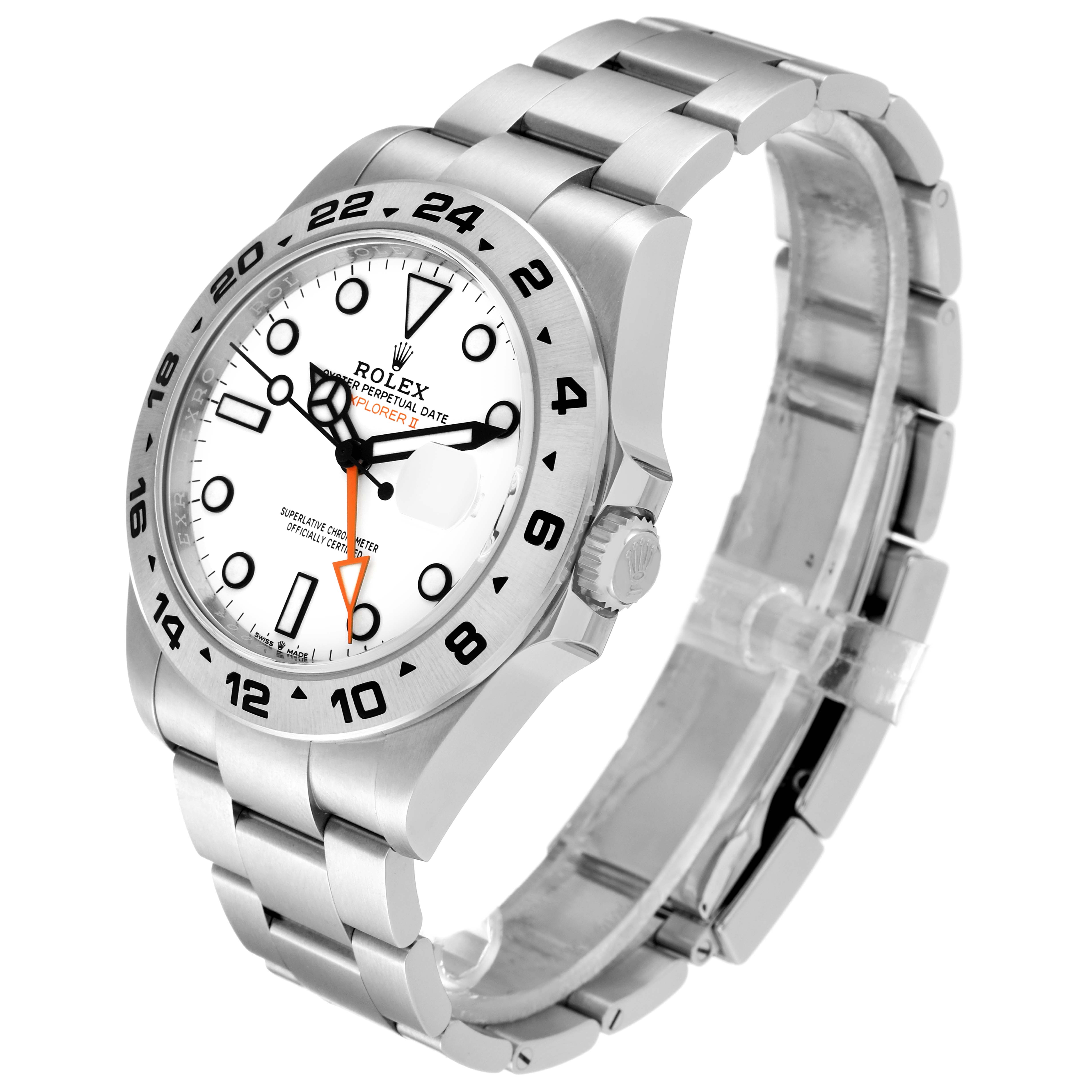 The image shows a side and angled front view of the Rolex Explorer 226570 Men
s Stainless Steel White Dial 226570 Men
s Stainless Steel White Dial watch, displaying the face, bezel, bracelet, and crown.