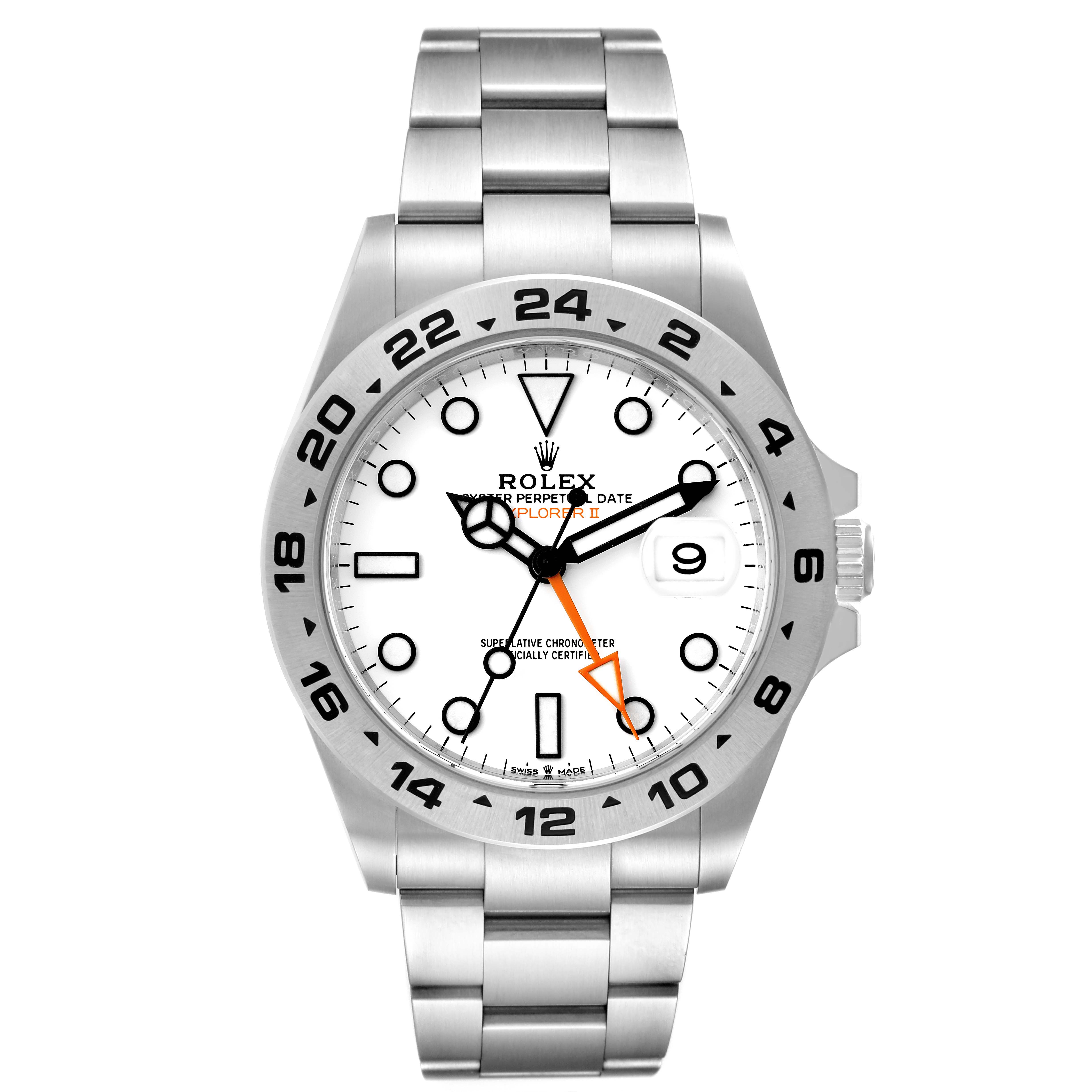 The image shows the Rolex Explorer 226570 Men
s Stainless Steel White Dial 226570 Men
s Stainless Steel White Dial watch front-on, featuring the dial, bezel, hands, and part of the bracelet.