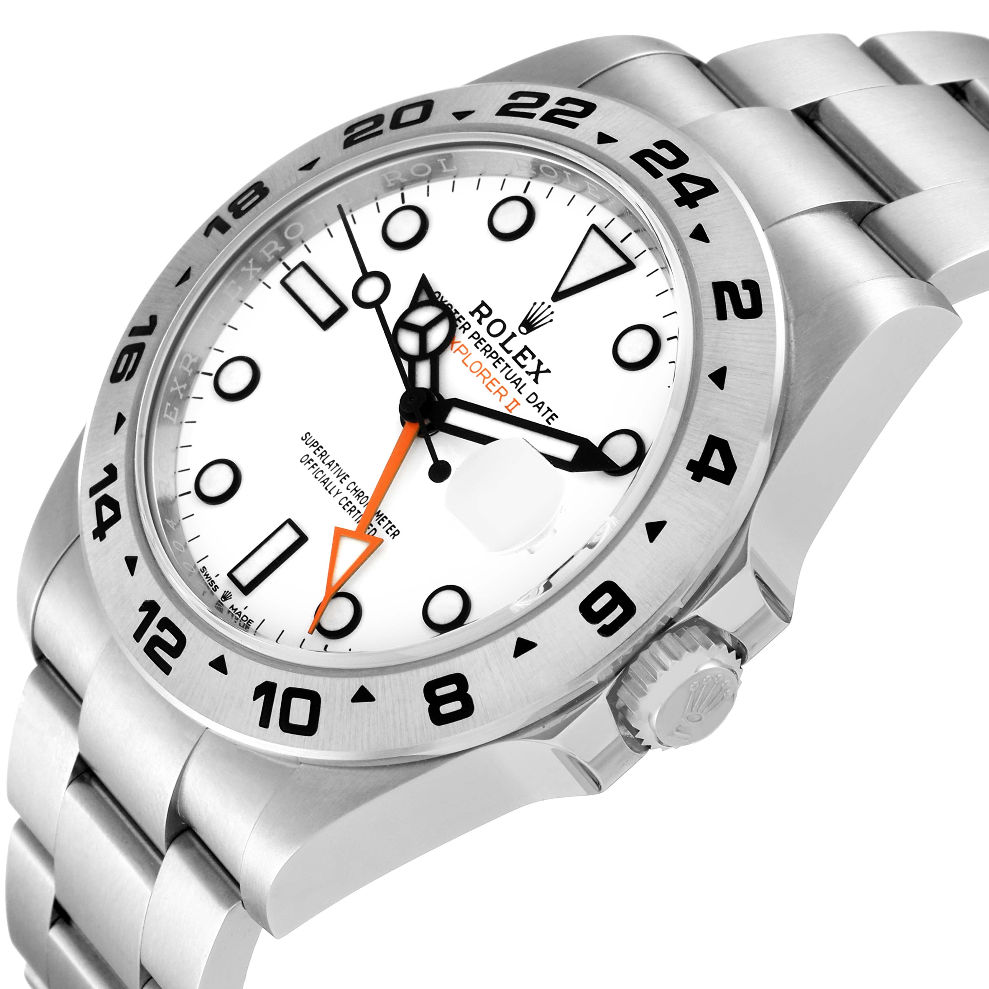 The image shows a Rolex Explorer 226570 Men
s Stainless Steel White Dial 226570 Men
s Stainless Steel White Dial watch, angled from the front-left, highlighting the face, bezel, and part of the stainless steel bracelet.
