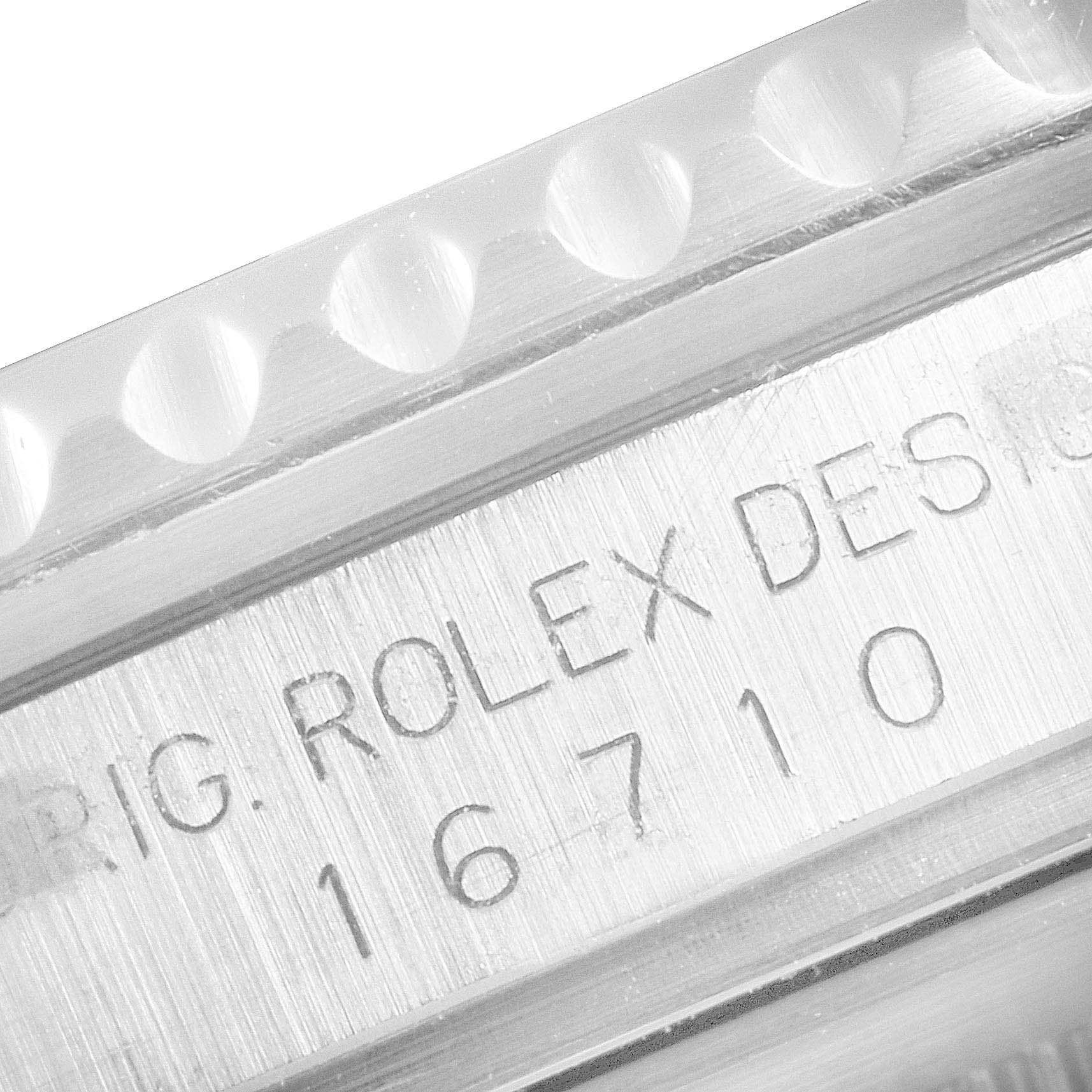 The image shows the side view of a Rolex GMT-Master 16710 Men's Stainless Steel Black Dial 16710 Men's Stainless Steel Black Dial watch with visible engraved model number "16710" and the brand name.