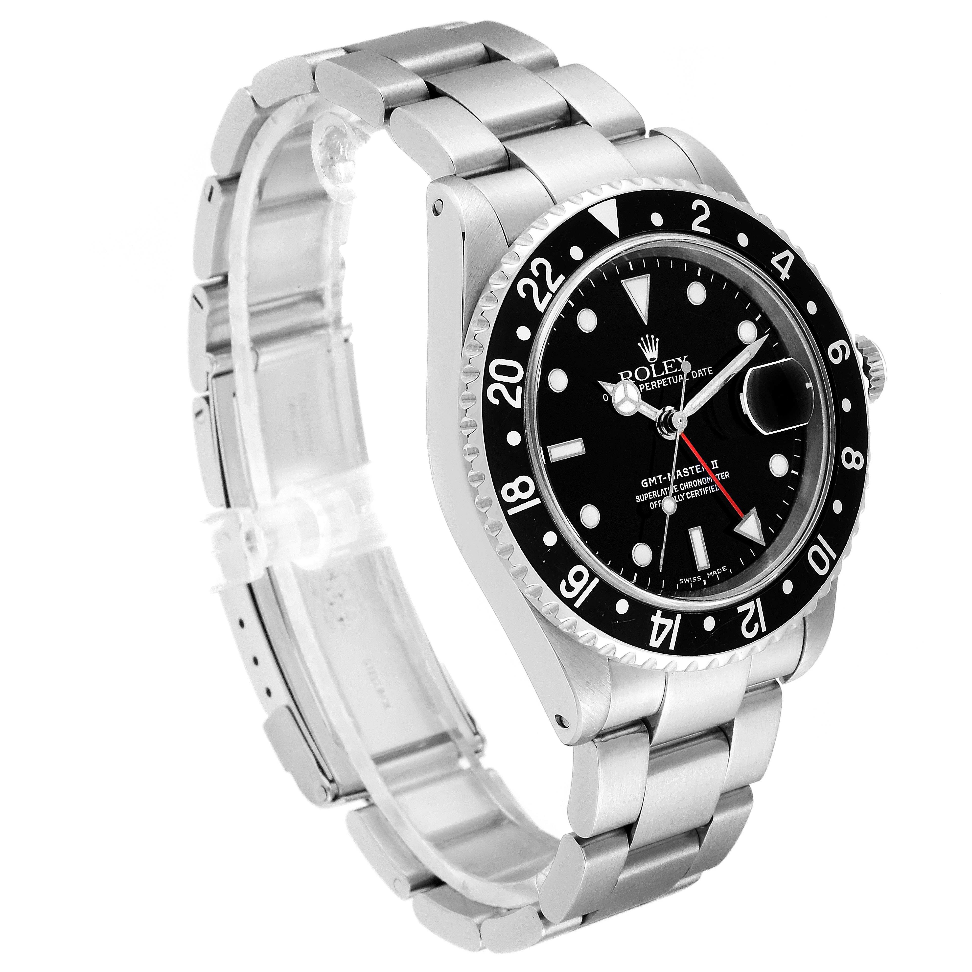 The image shows a side angle of a Rolex GMT-Master 16710 Men's Stainless Steel Black Dial 16710 Men's Stainless Steel Black Dial watch, displaying its bracelet, bezel, and dial.
