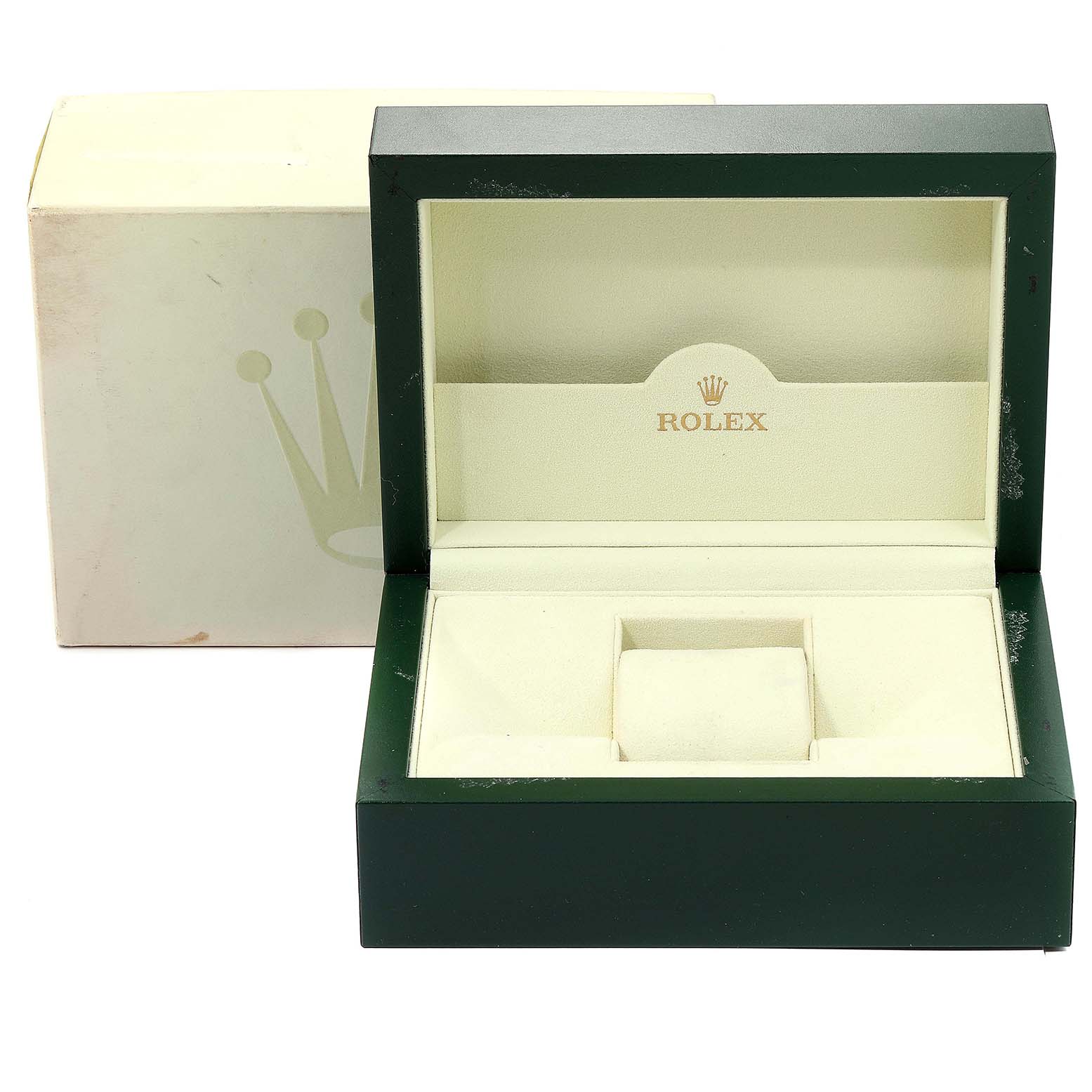 The image shows an open Rolex GMT-Master 16710 Men's Stainless Steel Black Dial 16710 Men's Stainless Steel Black Dial watch box, revealing its cushioned interior, with the outer box also visible.