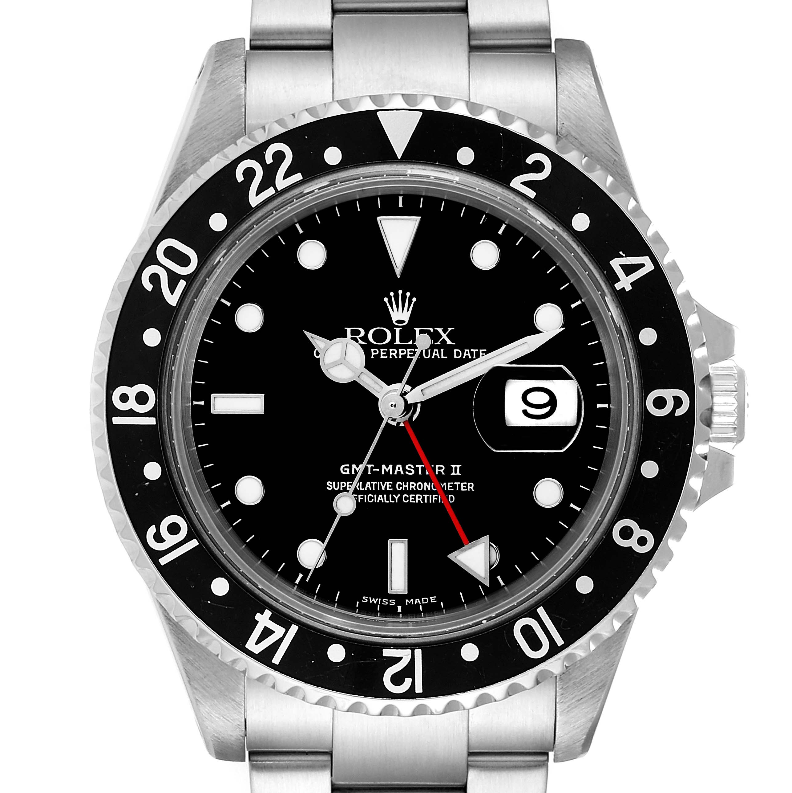 This image shows the face, bezel, and part of the bracelet of a Rolex GMT-Master 16710 Men's Stainless Steel Black Dial 16710 Men's Stainless Steel Black Dial II watch from a frontal angle.