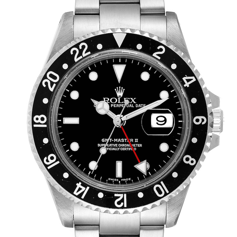 Rolex GMT Master II Black Bezel Red Hand Steel Mens Watch 16710 SwissWatchExpo