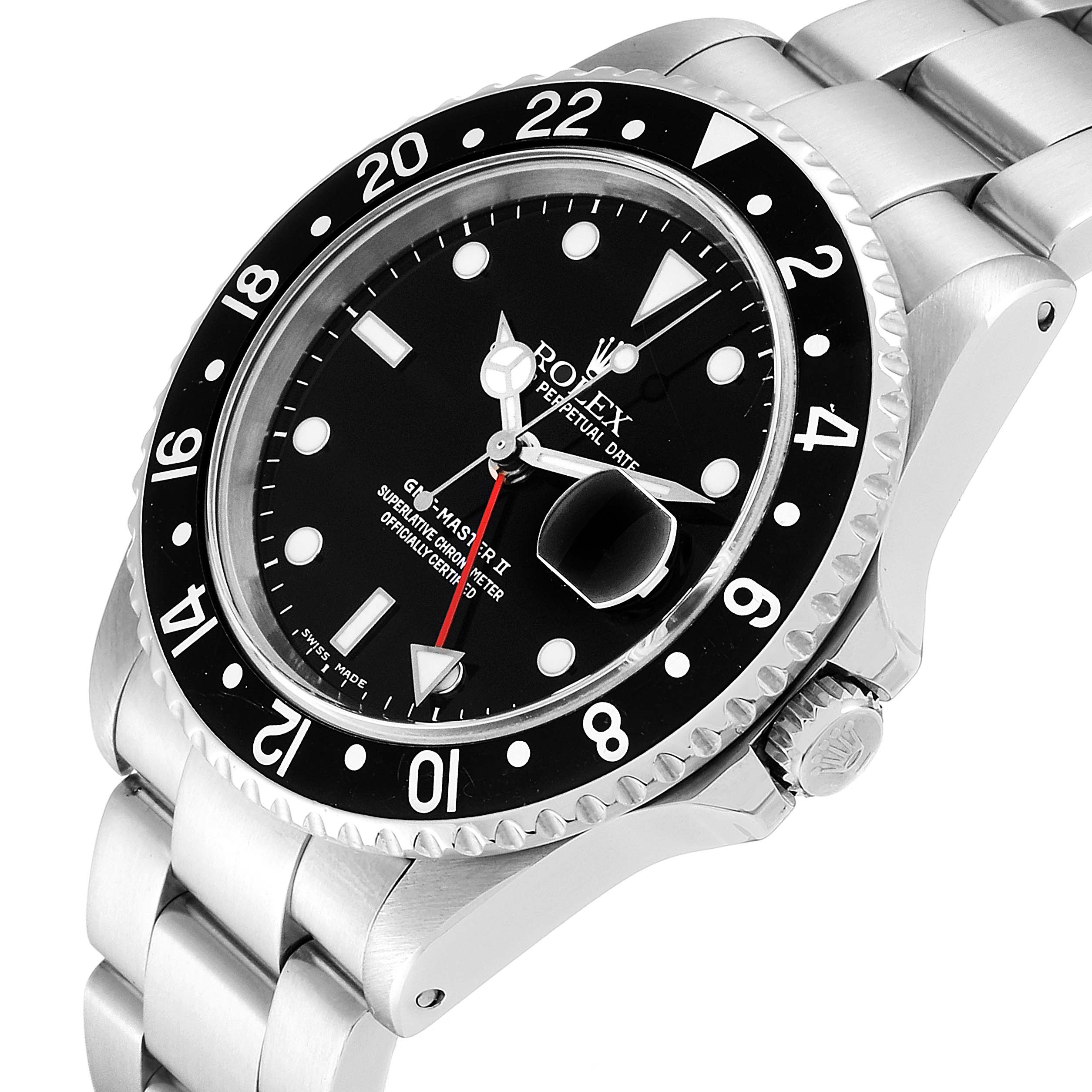 The image shows a close-up angled view of the Rolex GMT-Master 16710 Men's Stainless Steel Black Dial 16710 Men's Stainless Steel Black Dial watch, highlighting the dial, bezel, crown, and bracelet.
