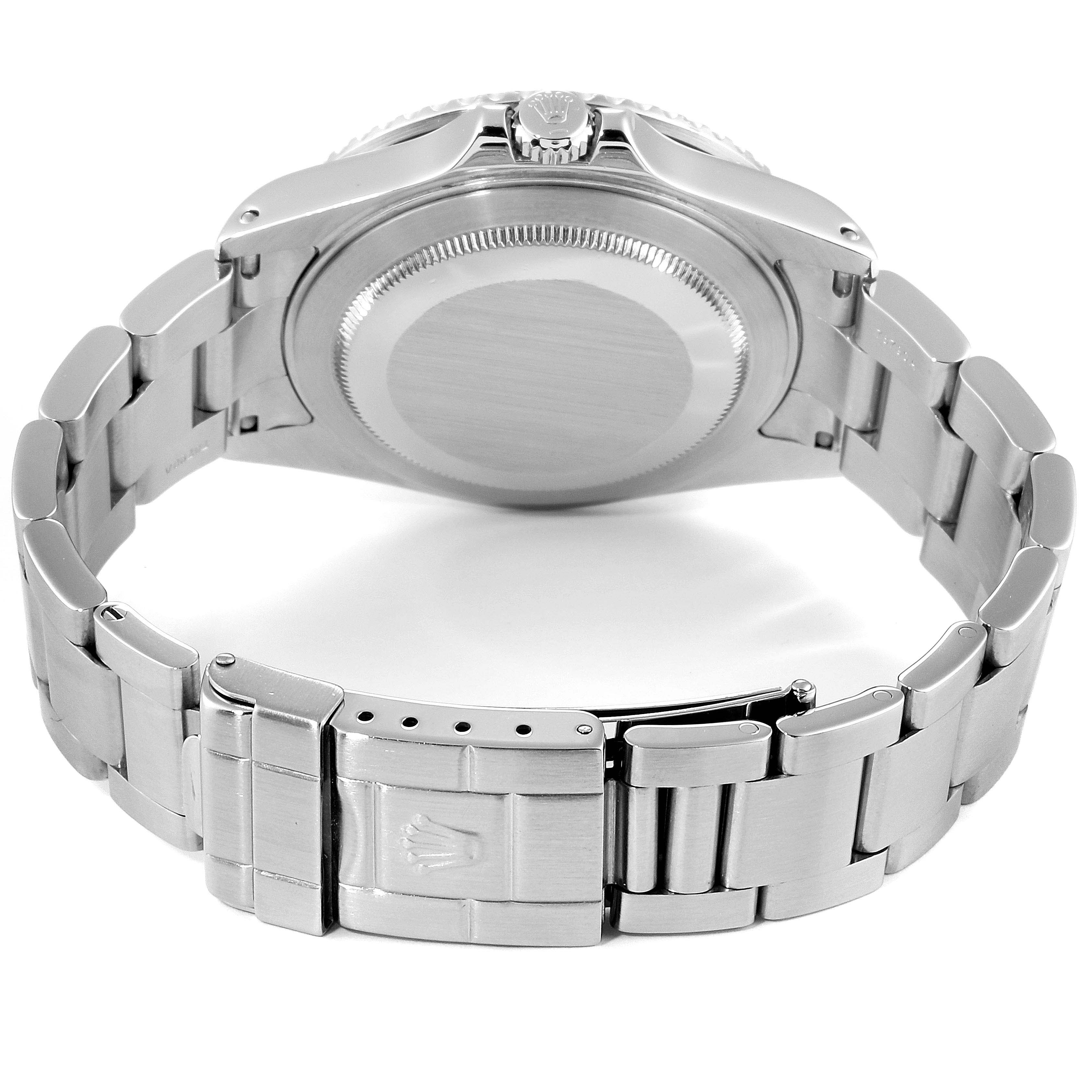 This image shows the case back and bracelet clasp of a Rolex GMT-Master 16710 Men's Stainless Steel Black Dial 16710 Men's Stainless Steel Black Dial watch from a rear angle.