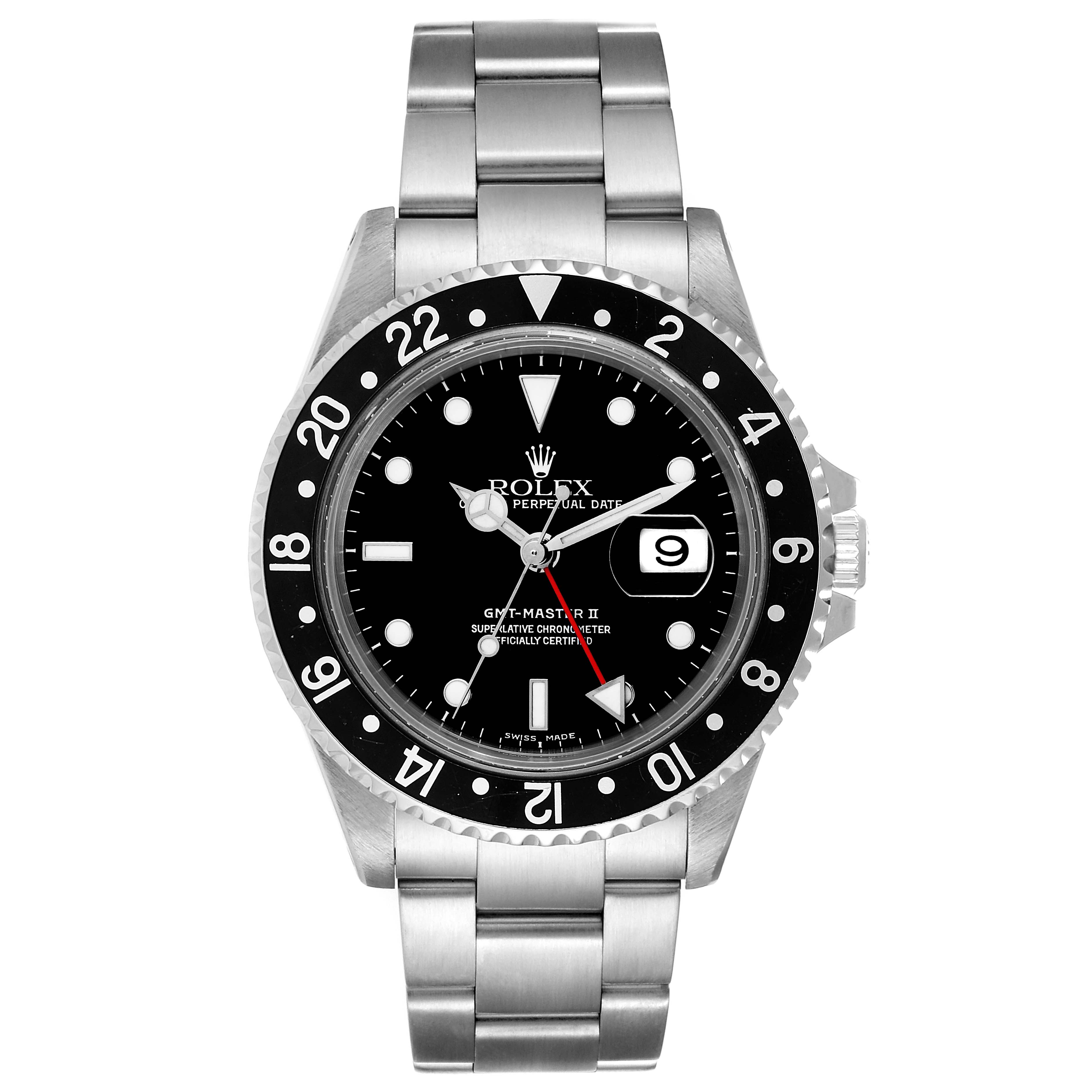The image shows a front view of the Rolex GMT-Master 16710 Men's Stainless Steel Black Dial 16710 Men's Stainless Steel Black Dial II watch, highlighting the dial, bezel, case, and bracelet.