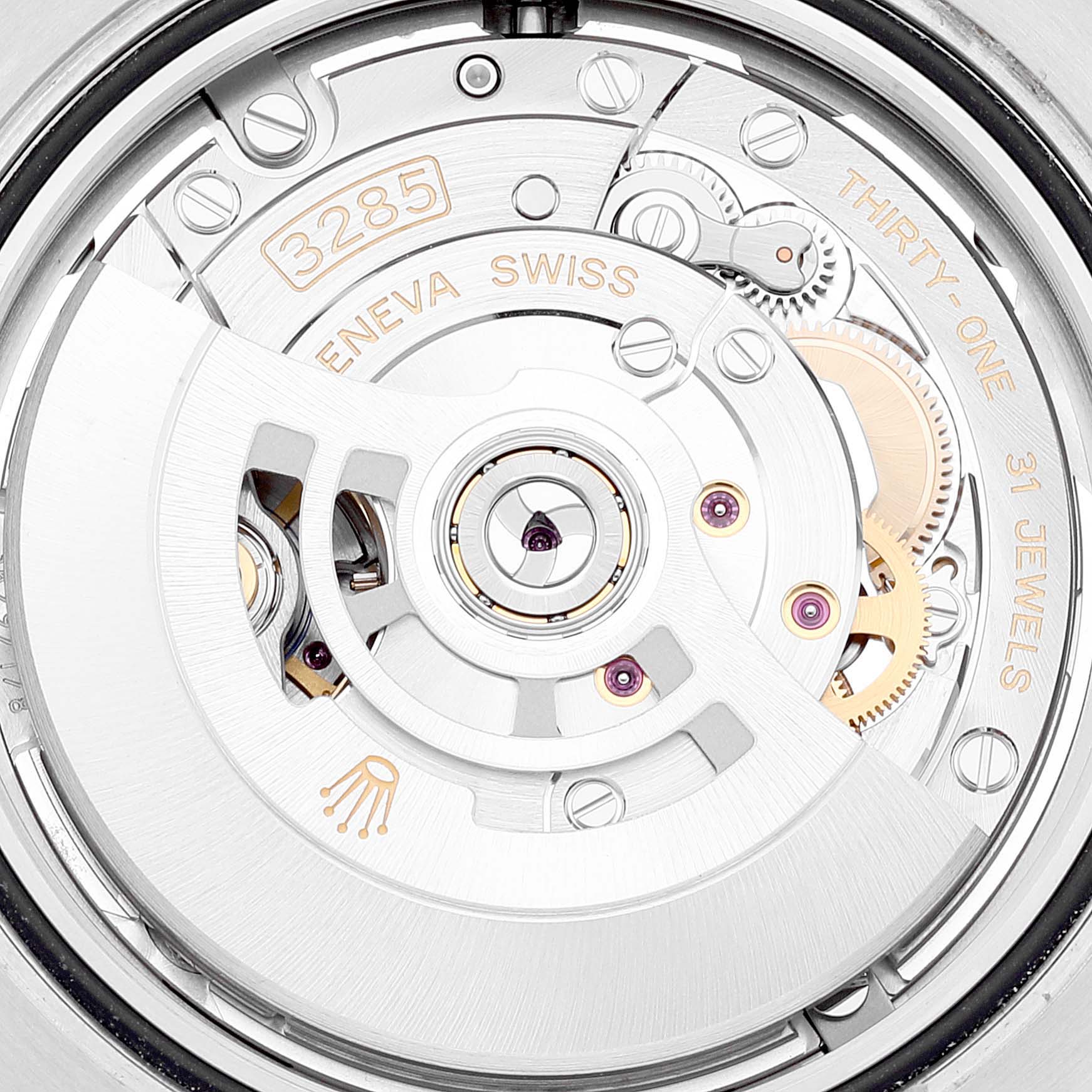 The image shows a close-up view of the Rolex GMT-Master 126710 Men
s Stainless Steel Black Dial 126710 Men
s Stainless Steel Black Dial movement, highlighting the 3285 caliber parts.