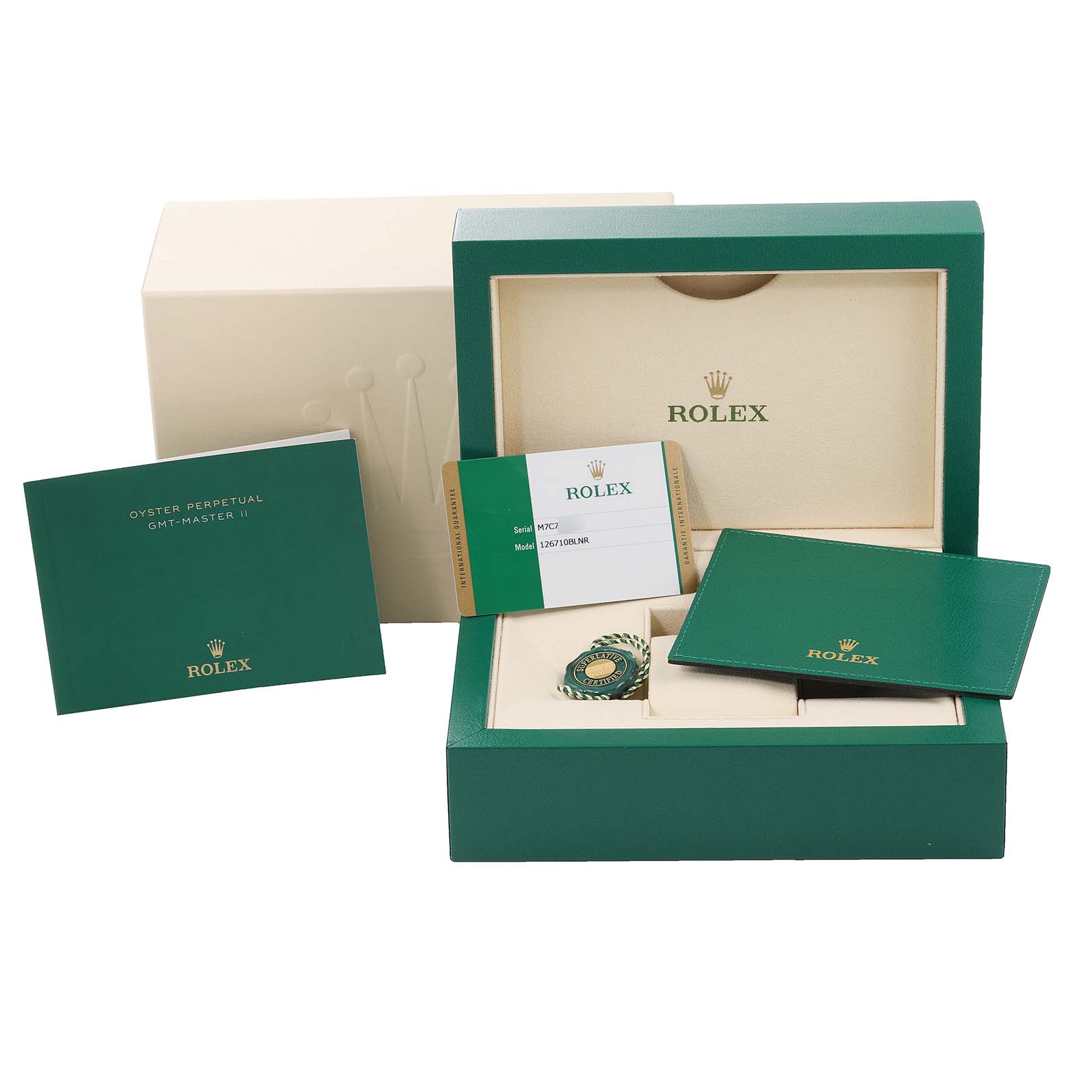 The image shows a Rolex GMT-Master 126710 Men
s Stainless Steel Black Dial 126710 Men
s Stainless Steel Black Dial watch box with documentation, card, tag, and manuals, viewed from the front.