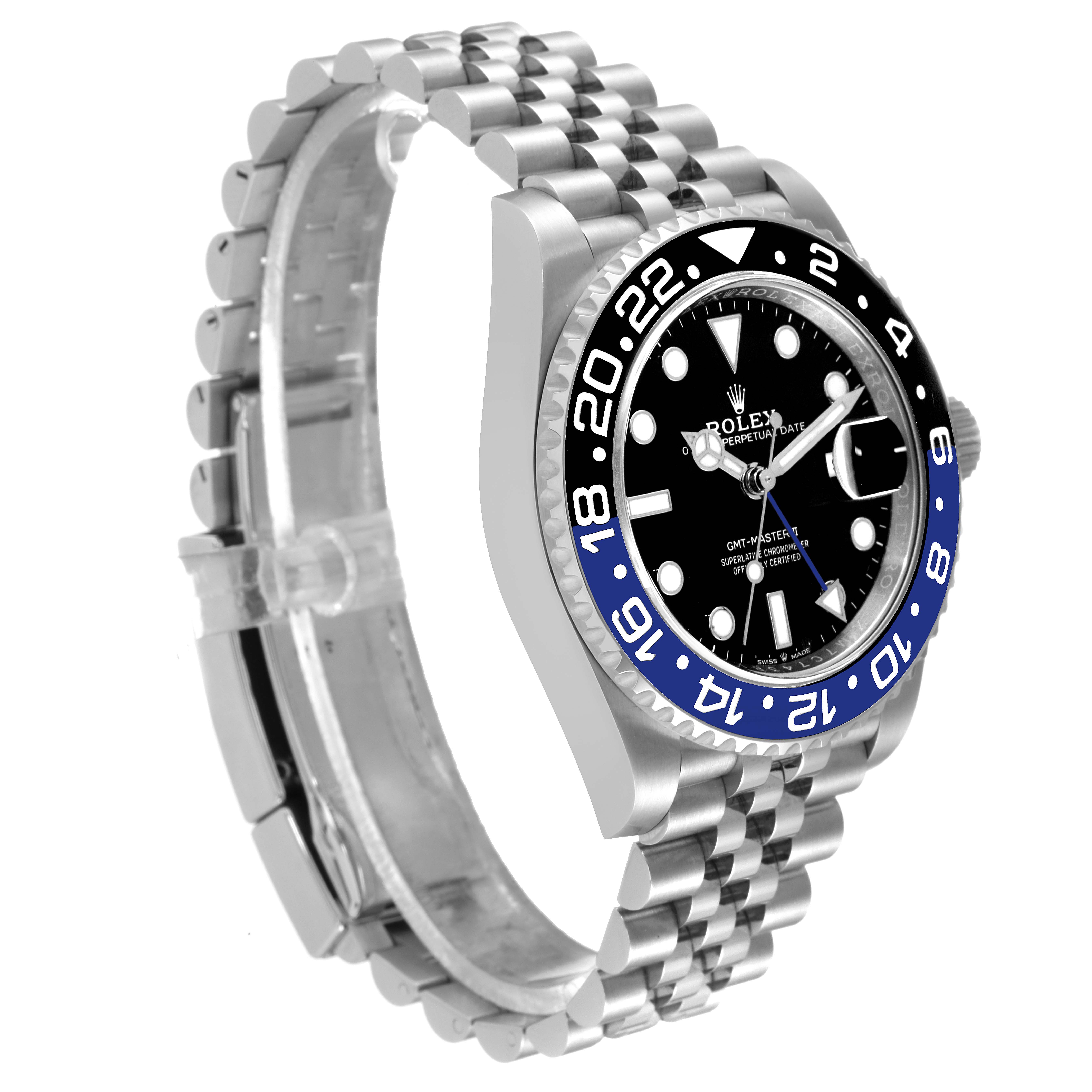 The image shows a side angle of a Rolex GMT-Master 126710 Men
s Stainless Steel Black Dial 126710 Men
s Stainless Steel Black Dial watch, clearly displaying its bezel, face, and bracelet.