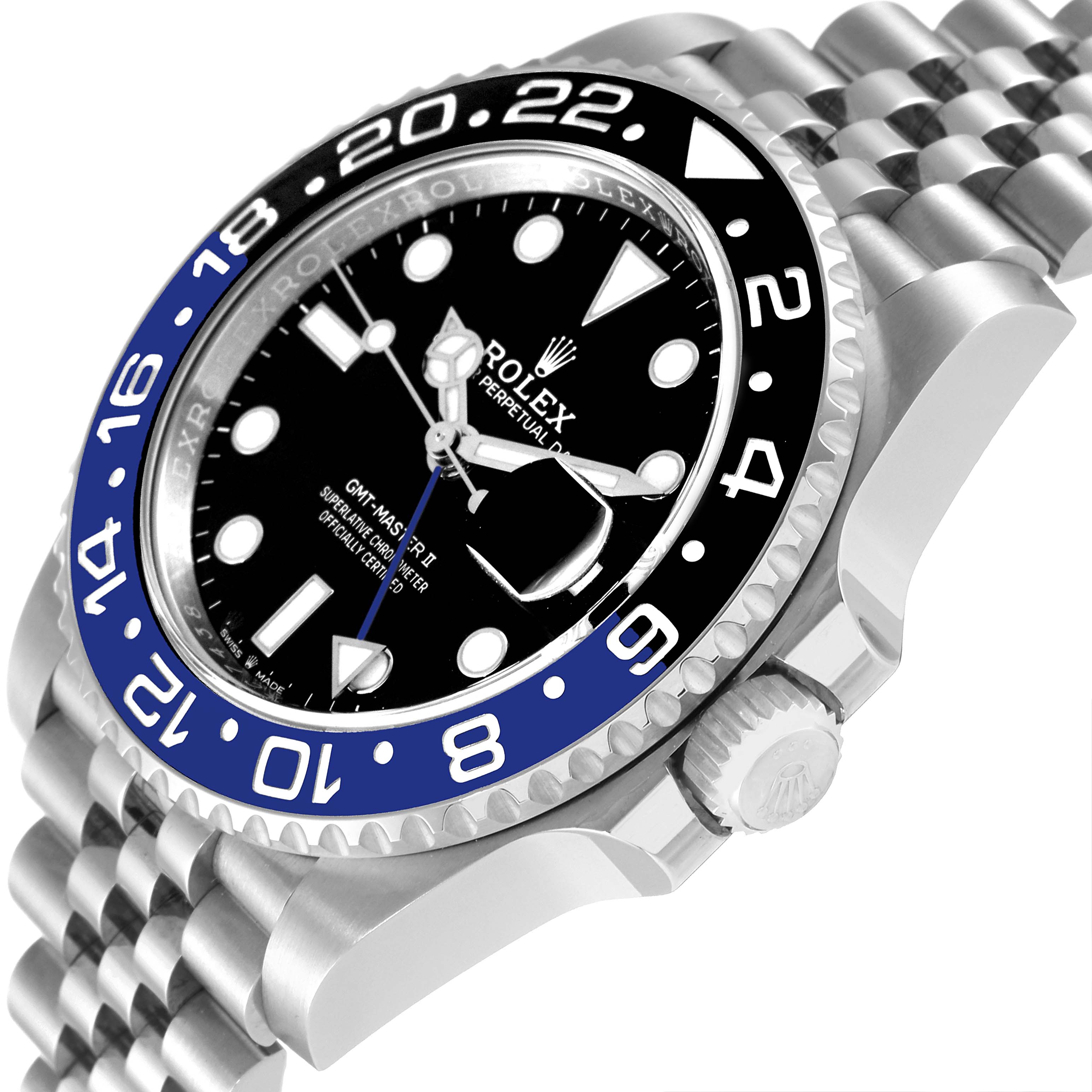 The image shows a close-up of the dial, bezel, and part of the bracelet of the Rolex GMT-Master 126710 Men
s Stainless Steel Black Dial 126710 Men
s Stainless Steel Black Dial II.