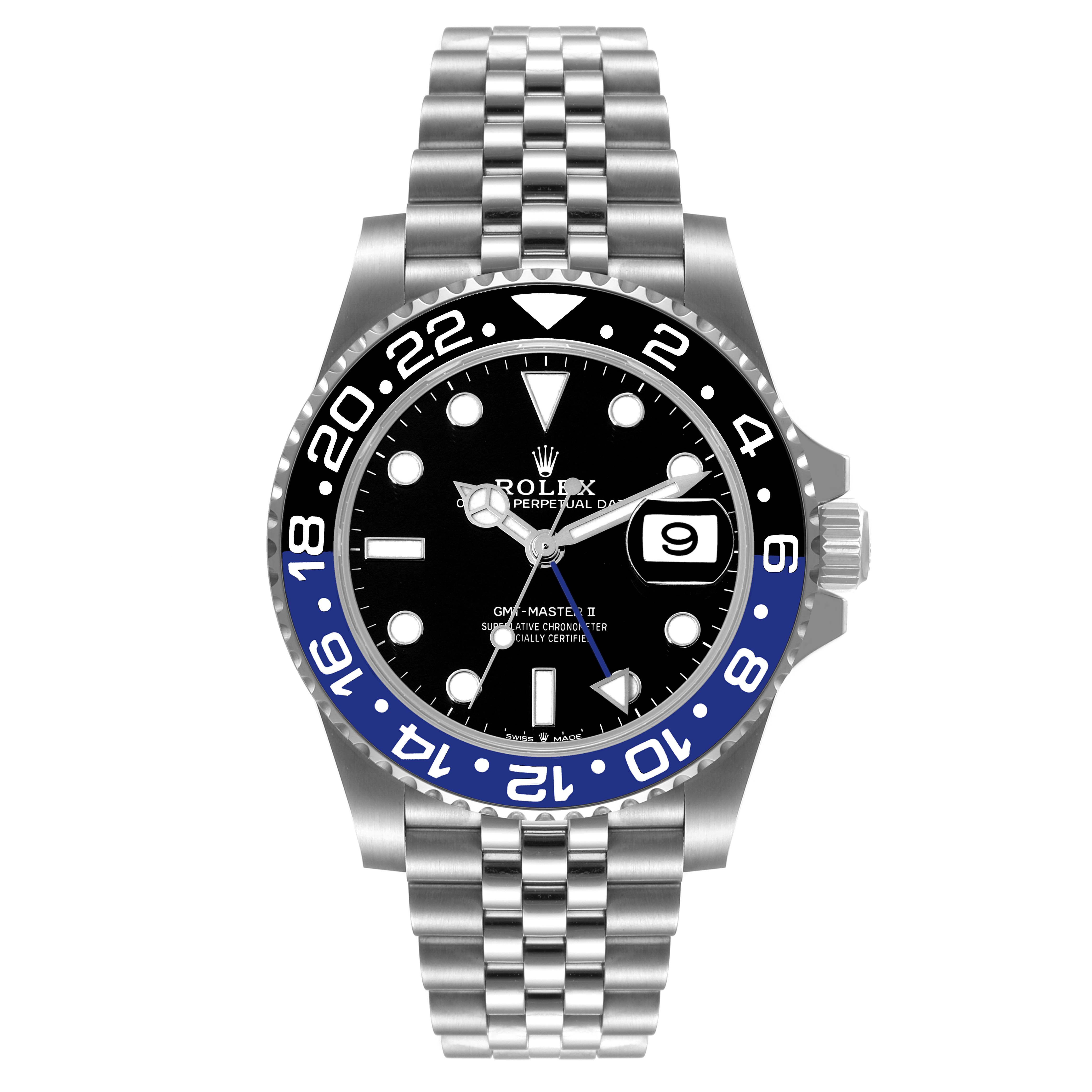 The image shows the Rolex GMT-Master 126710 Men
s Stainless Steel Black Dial 126710 Men
s Stainless Steel Black Dial II watch from a front angle, highlighting the bezel, dial, and bracelet.