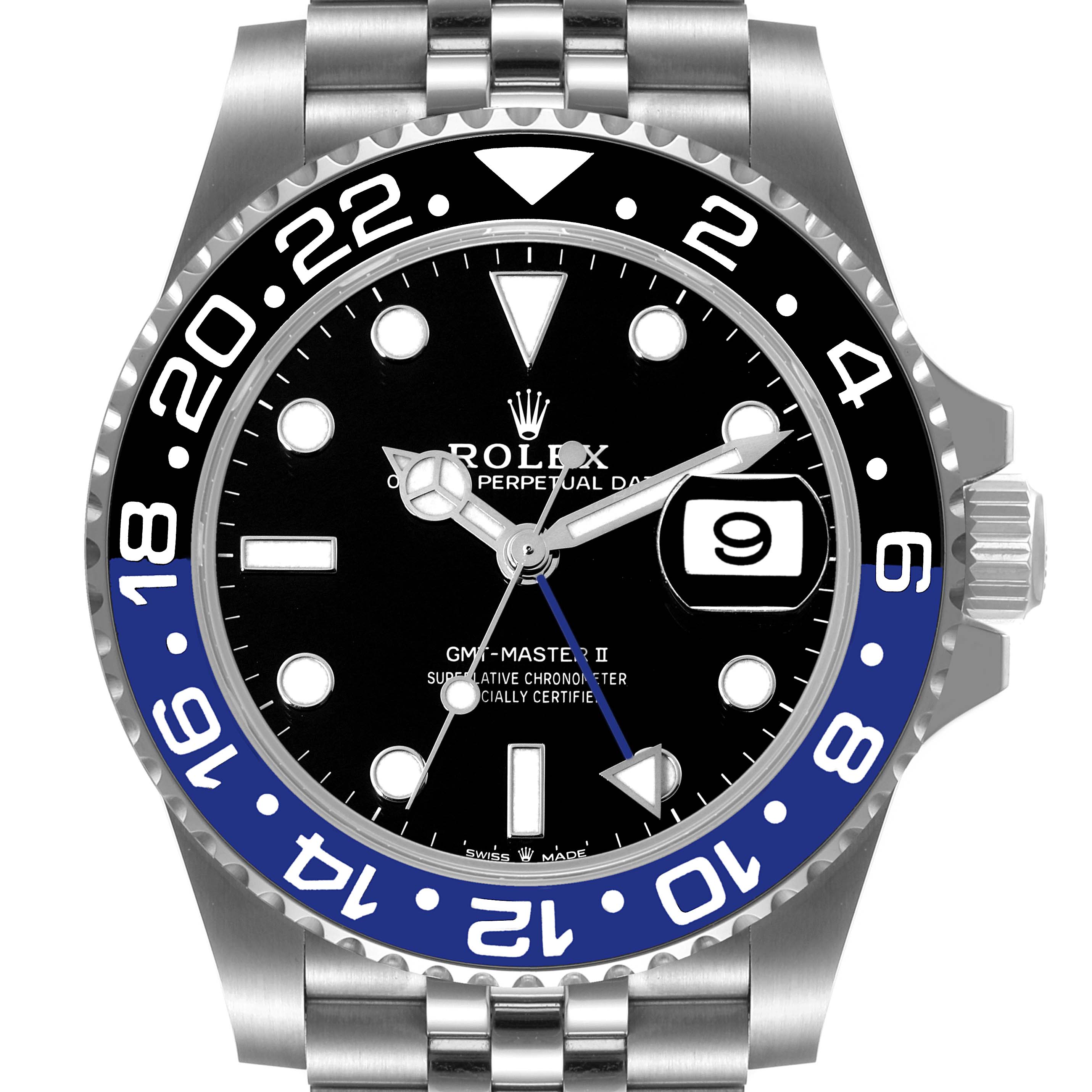 This image shows the Rolex GMT-Master 126710 Men
s Stainless Steel Black Dial 126710 Men
s Stainless Steel Black Dial II watch face from a frontal angle, highlighting the dial, bezel, and part of the bracelet.