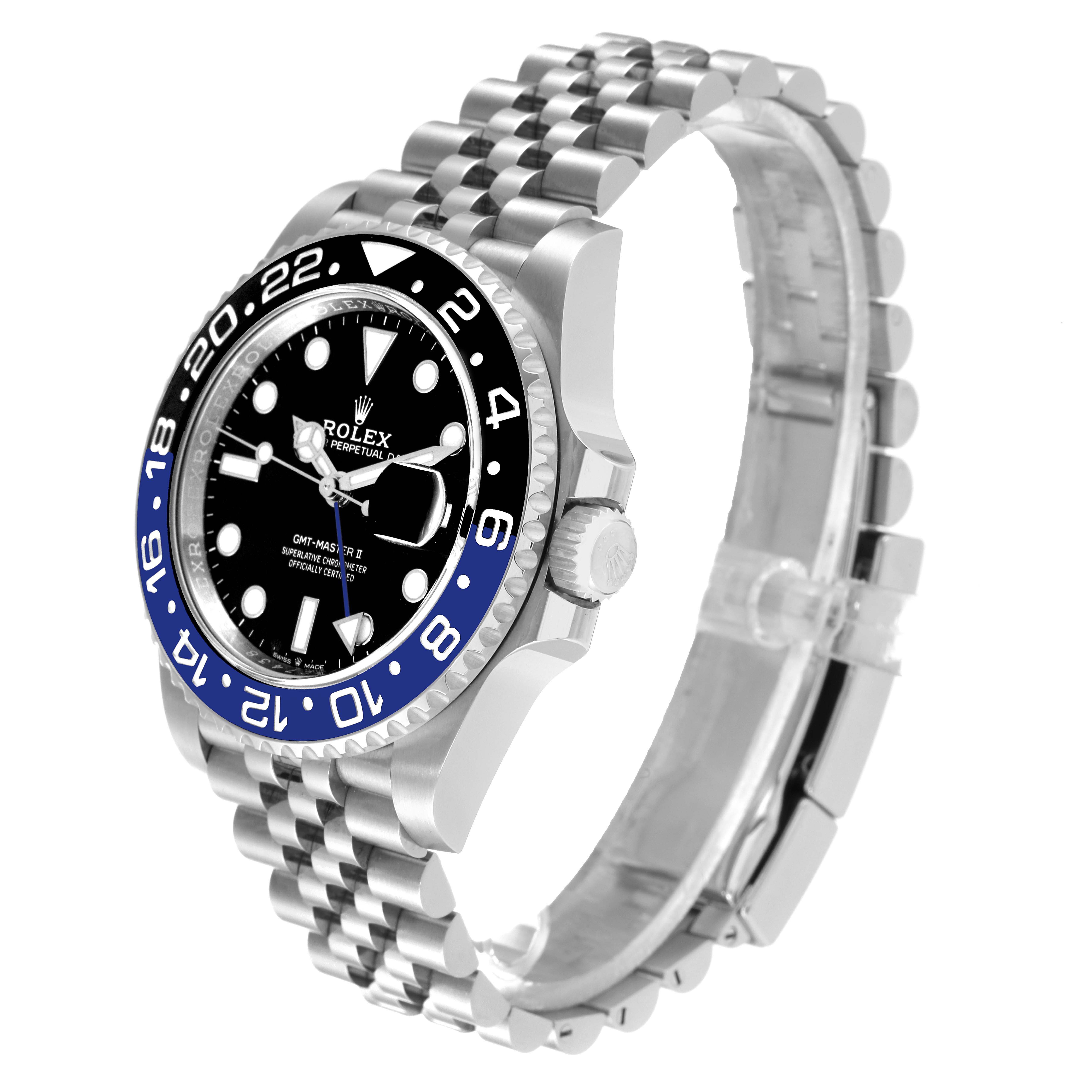 This image shows a Rolex GMT-Master 126710 Men
s Stainless Steel Black Dial 126710 Men
s Stainless Steel Black Dial watch from a slight side angle, highlighting its bezel, dial, crown, and bracelet.
