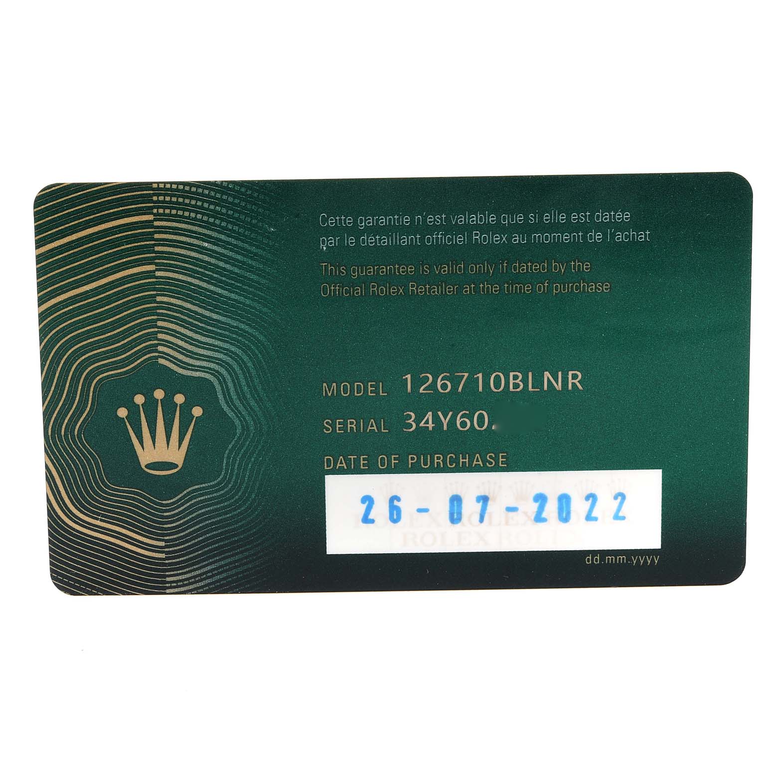 This image shows the warranty card for a Rolex GMT-Master 126710 Men
s Stainless Steel Black Dial 126710 Men
s Stainless Steel Black Dial model 126710BLNR, featuring purchase details.