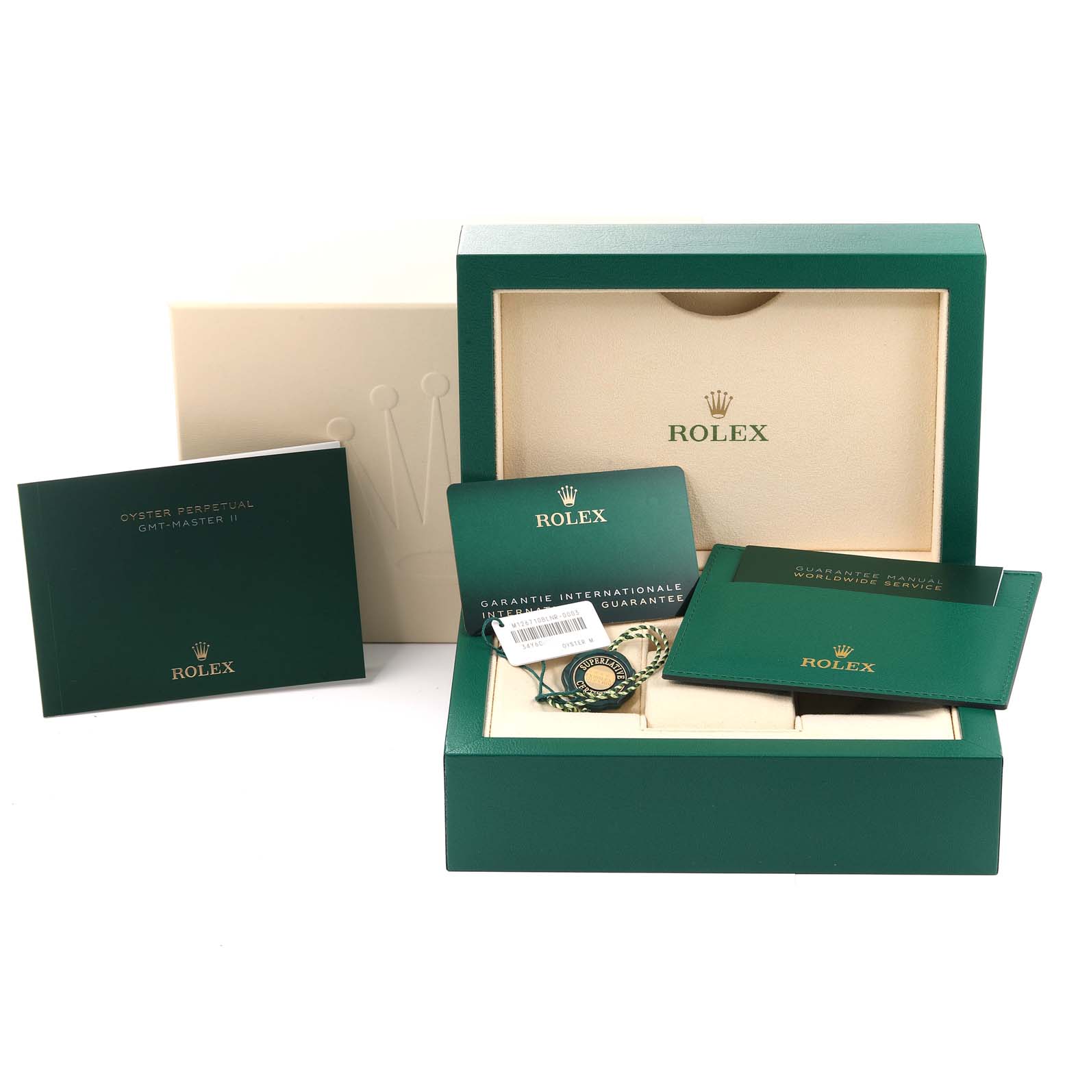 The image displays the packaging and accessories for a Rolex GMT-Master 126710 Men
s Stainless Steel Black Dial 126710 Men
s Stainless Steel Black Dial II, including the box, warranty cards, manual, and tags.