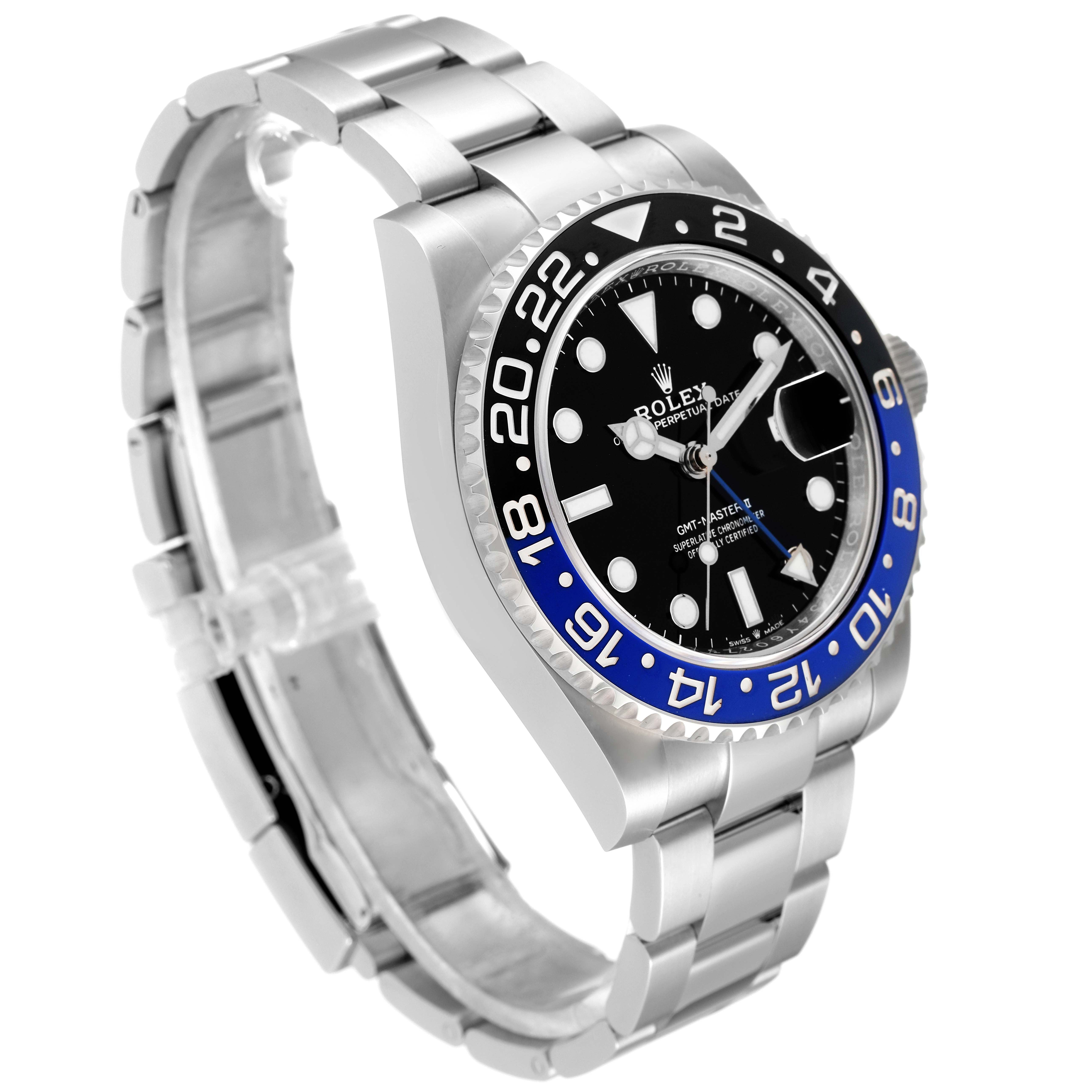 This image shows a side view of a Rolex GMT-Master 126710 Men
s Stainless Steel Black Dial 126710 Men
s Stainless Steel Black Dial watch with a visible dial, bezel, and bracelet.