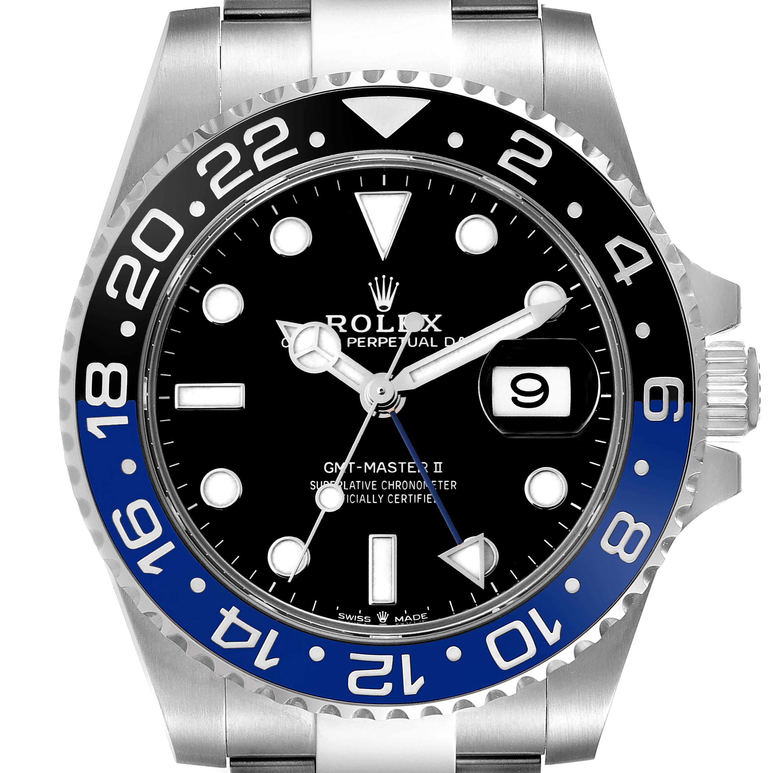 This image shows a front view of a Rolex GMT-Master 126710 Men
s Stainless Steel Black Dial 126710 Men
s Stainless Steel Black Dial II watch, highlighting its dial, bezel, and part of the bracelet.