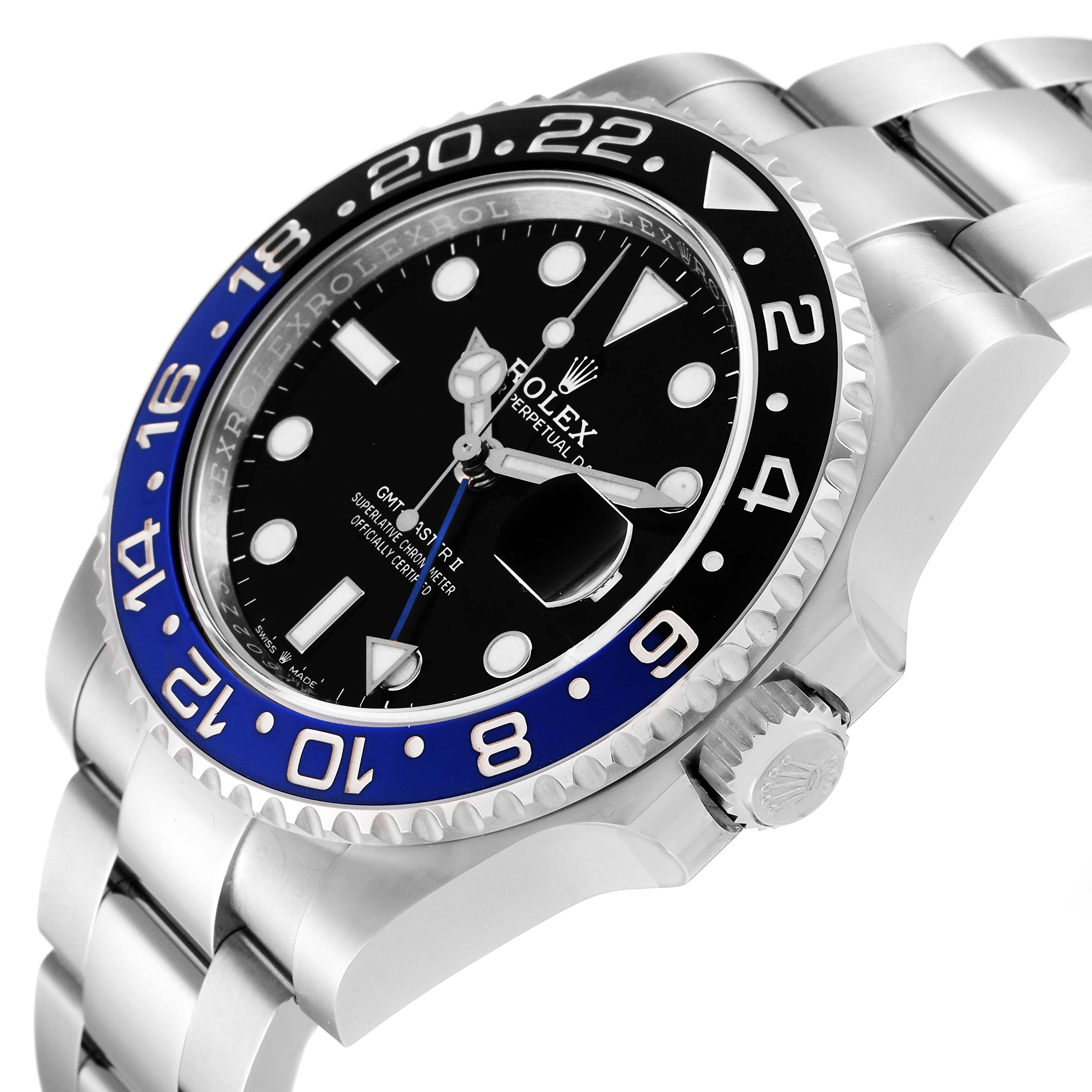 The image shows a side angle of the Rolex GMT-Master 126710 Men
s Stainless Steel Black Dial 126710 Men
s Stainless Steel Black Dial watch, highlighting its bezel, face, crown, and bracelet.