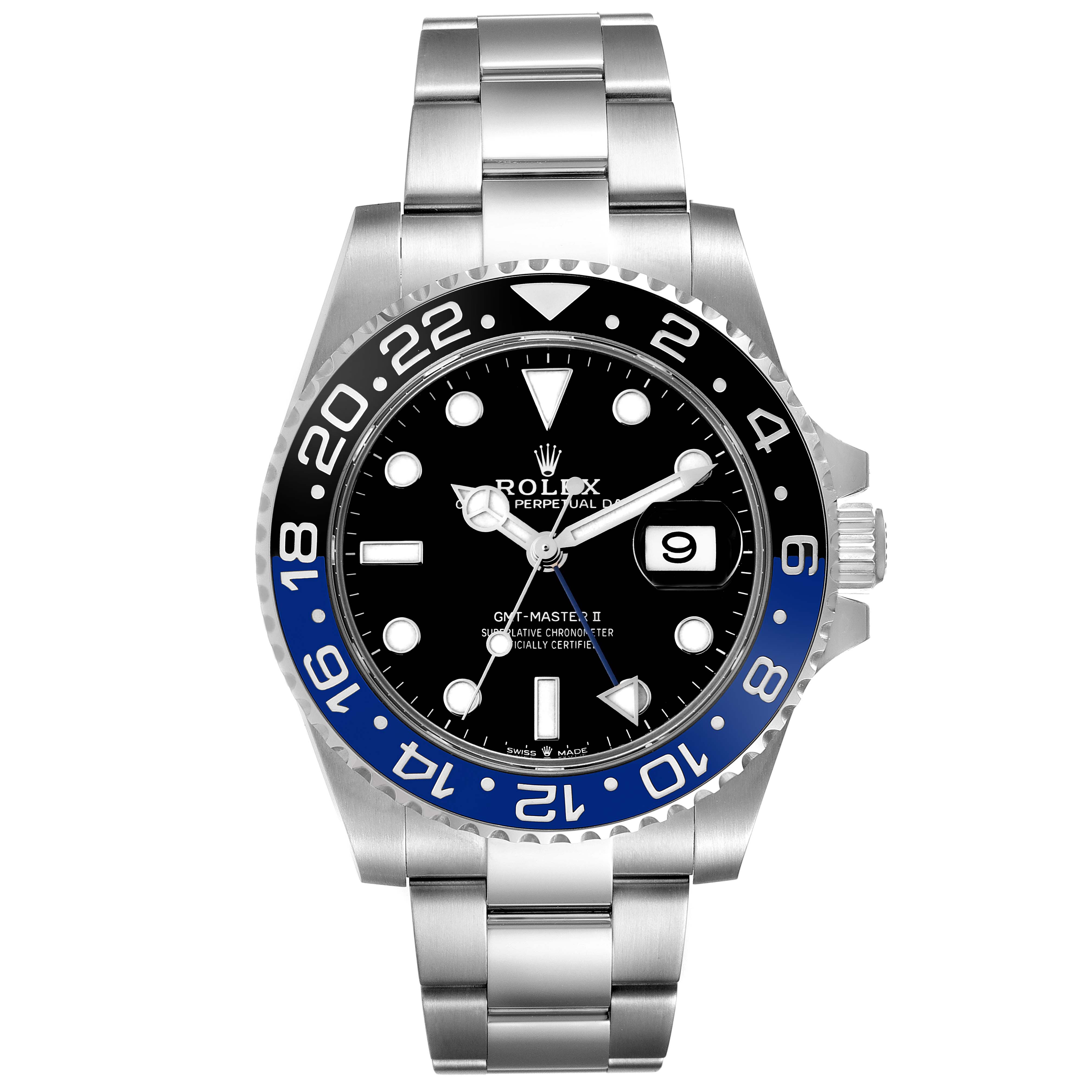 The image shows a front view of a Rolex GMT-Master 126710 Men
s Stainless Steel Black Dial 126710 Men
s Stainless Steel Black Dial II watch, highlighting its face, bezel, and bracelet.