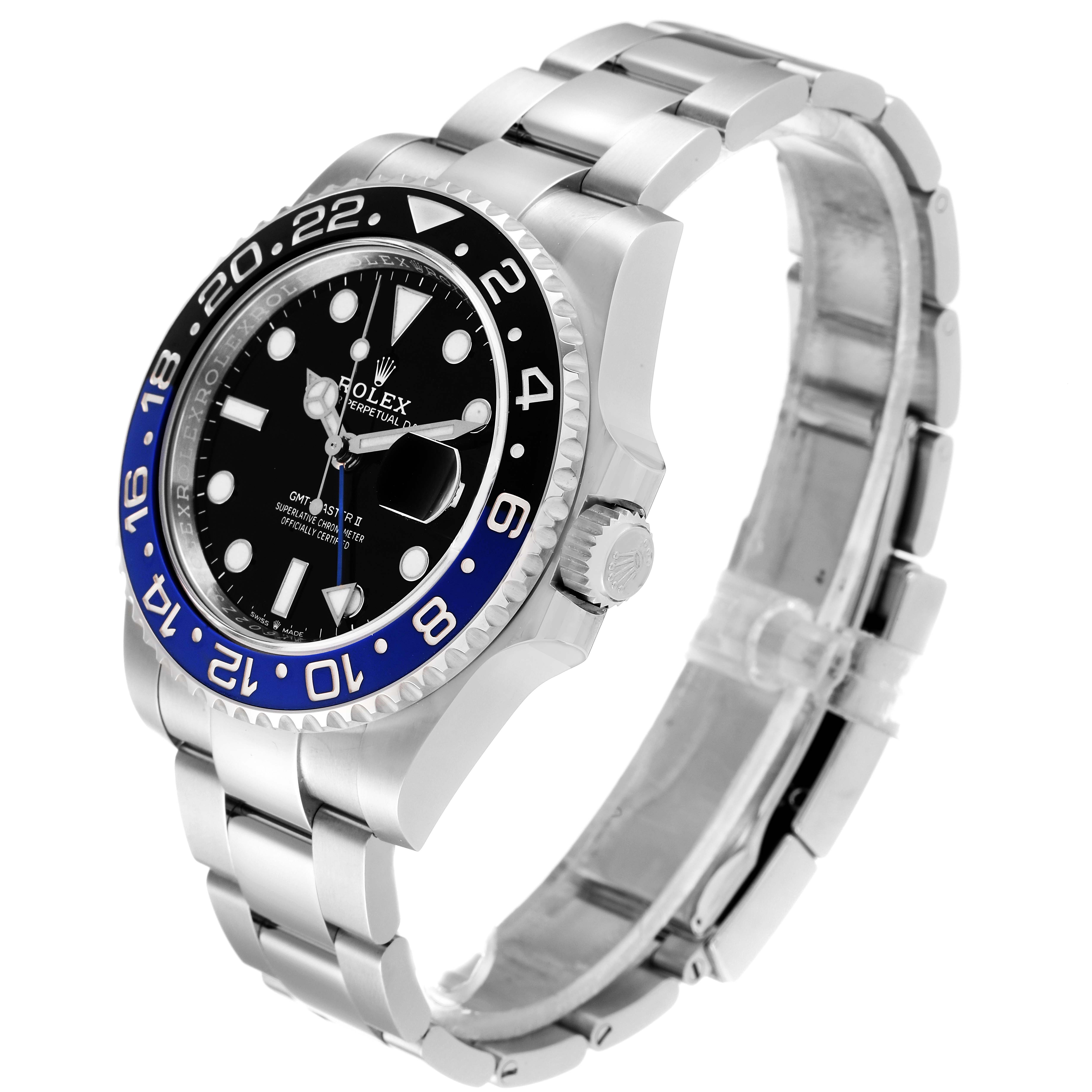 The Rolex GMT-Master 126710 Men
s Stainless Steel Black Dial 126710 Men
s Stainless Steel Black Dial watch is shown at a three-quarter angle, displaying its face, bezel, band, and crown.
