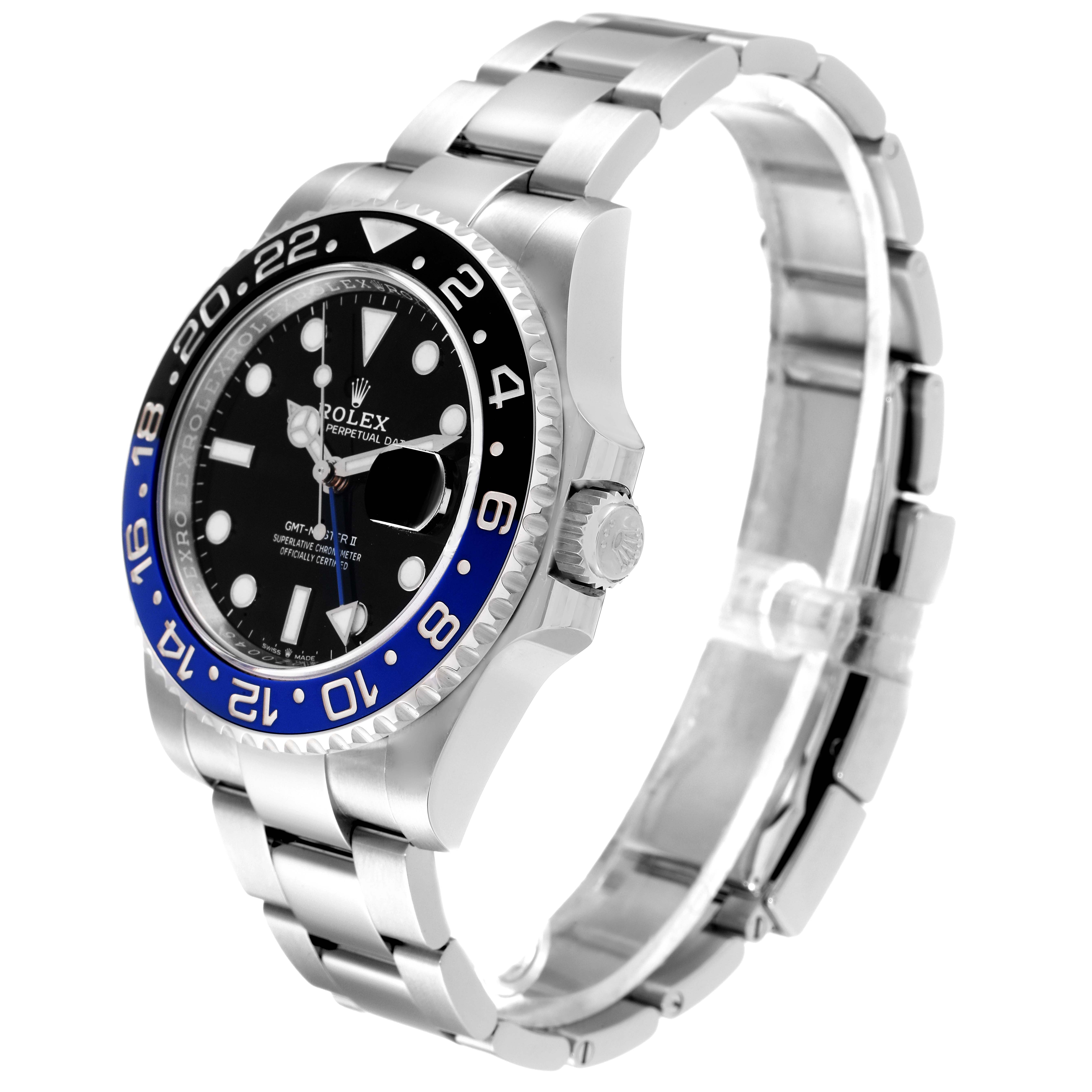 The image shows a side angle of the Rolex GMT-Master 126710 Men's Stainless Steel Black Dial 126710 Men's Stainless Steel Black Dial watch, highlighting its dial, bezel, and bracelet.