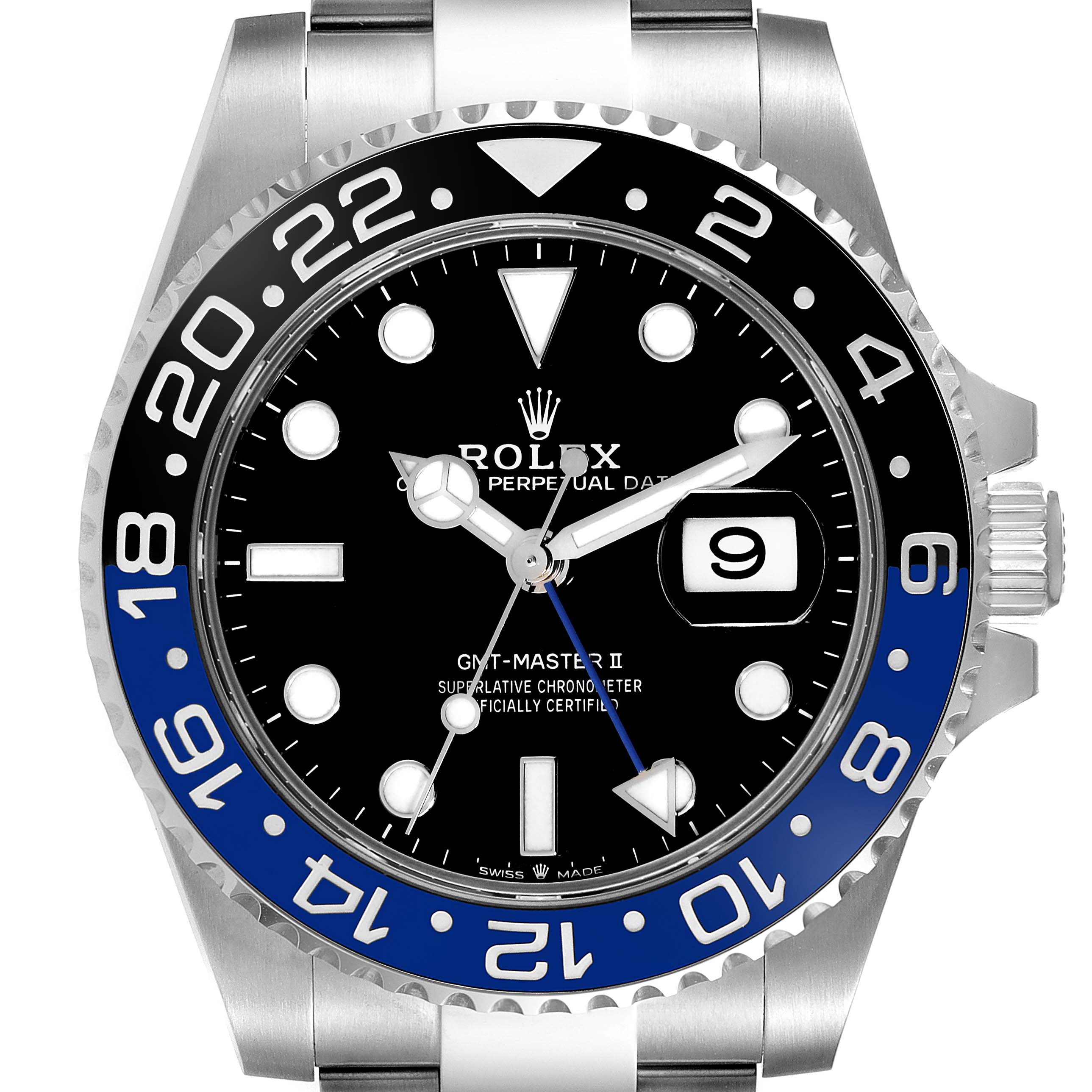 This image shows a frontal view of the Rolex GMT-Master 126710 Men's Stainless Steel Black Dial 126710 Men's Stainless Steel Black Dial II watch, displaying the face, bezel, and part of the bracelet.