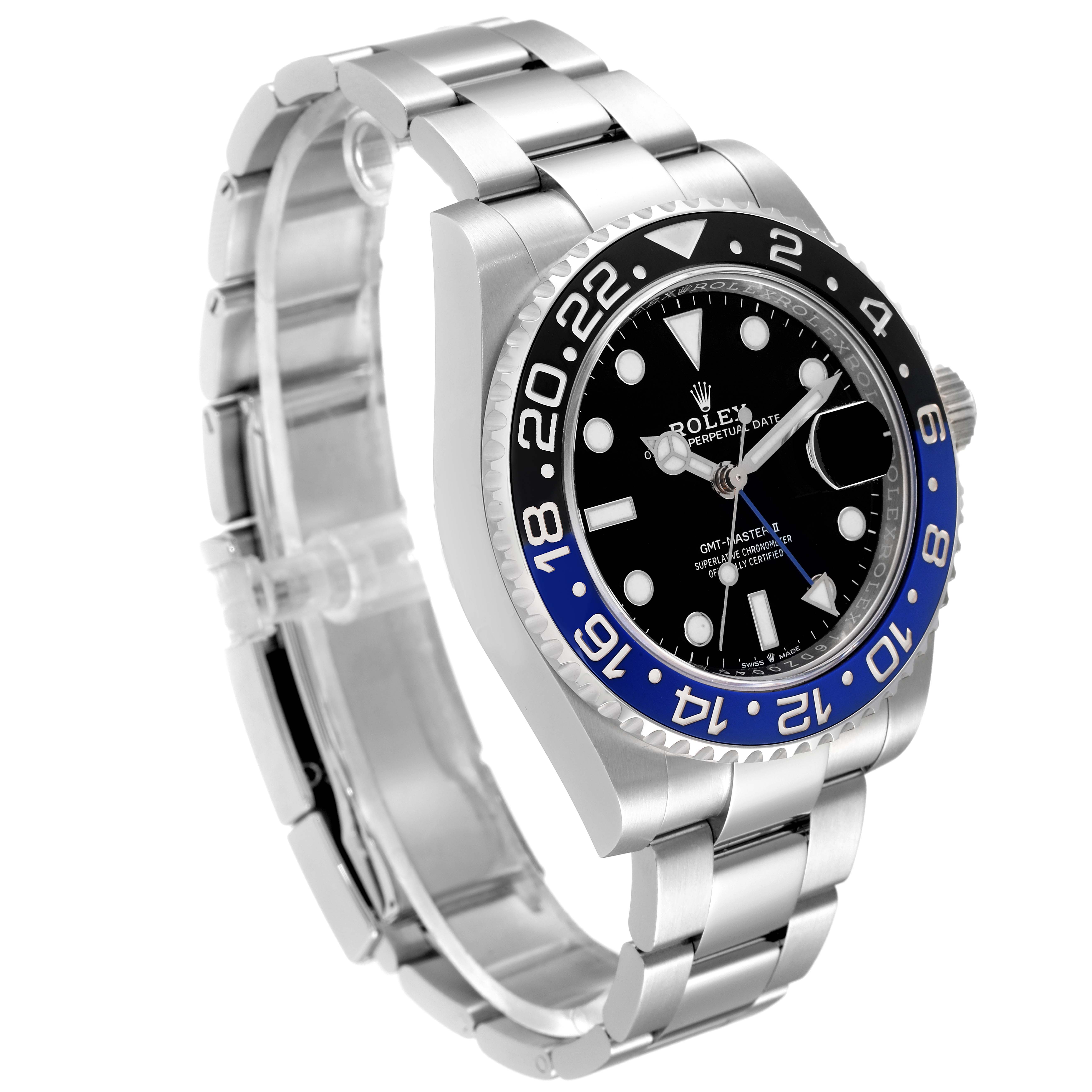 This image shows a Rolex GMT-Master 126710 Men's Stainless Steel Black Dial 126710 Men's Stainless Steel Black Dial watch at a three-quarter front angle, highlighting the bezel, face, and bracelet.