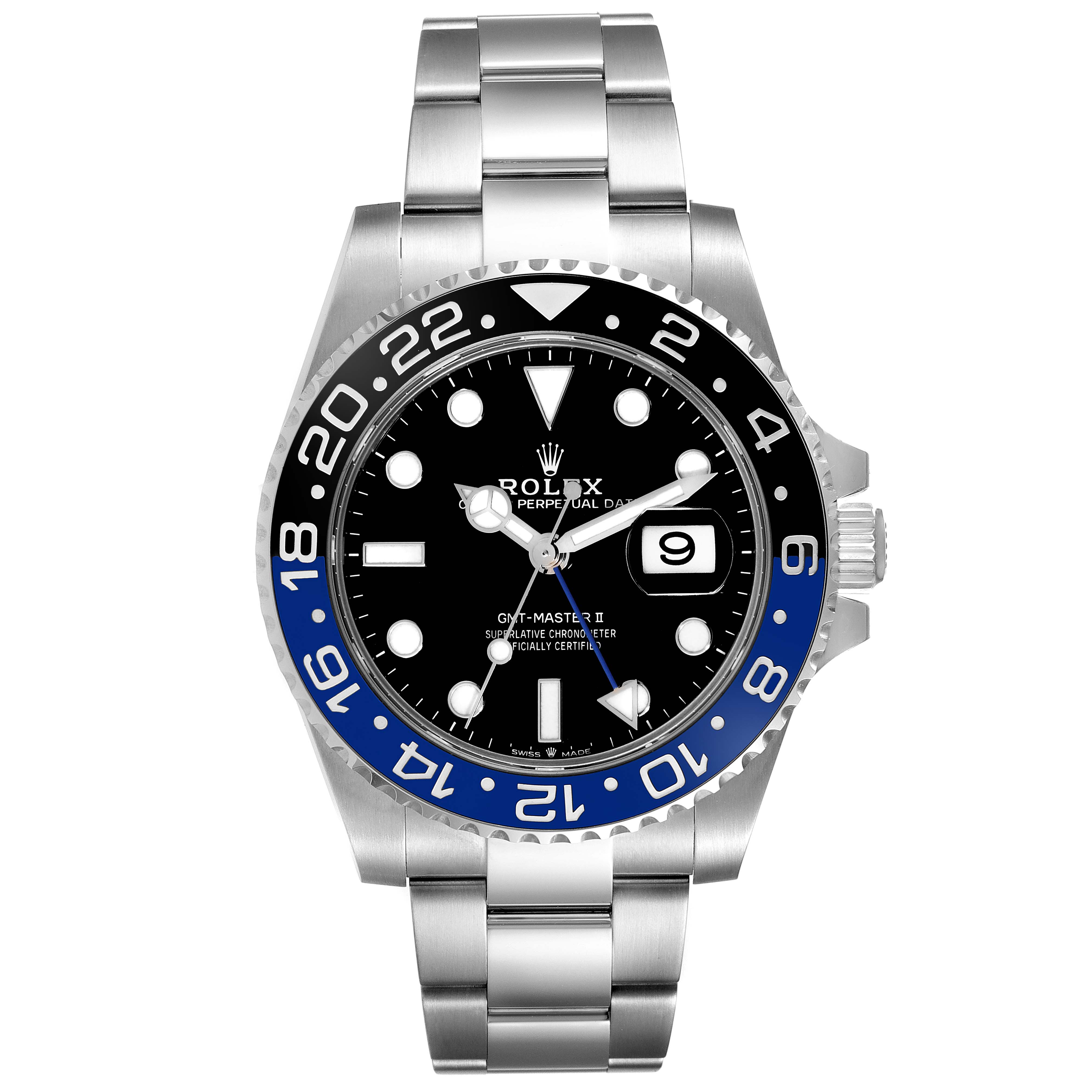 The image shows a front view of the Rolex GMT-Master 126710 Men's Stainless Steel Black Dial 126710 Men's Stainless Steel Black Dial II watch, featuring a black and blue bezel, black dial, and stainless steel bracelet.