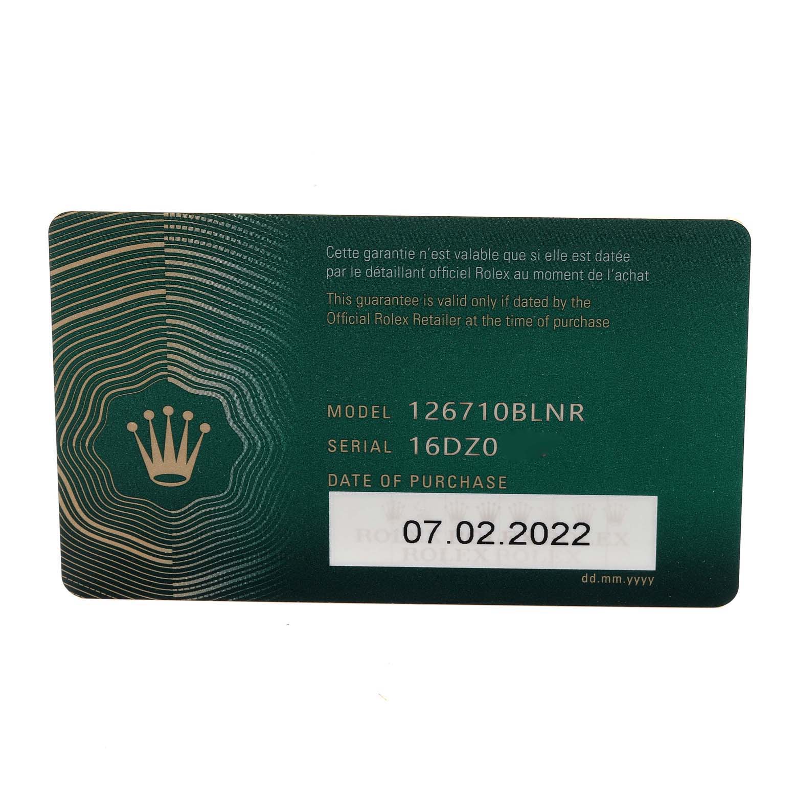 This image shows a guarantee card for a Rolex GMT-Master 126710 Men's Stainless Steel Black Dial 126710 Men's Stainless Steel Black Dial model 126710BLNR, including the serial number and date of purchase.